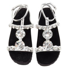 new MIU MIU large rhinestone crystal metallic silver velvet flat sandals EU39