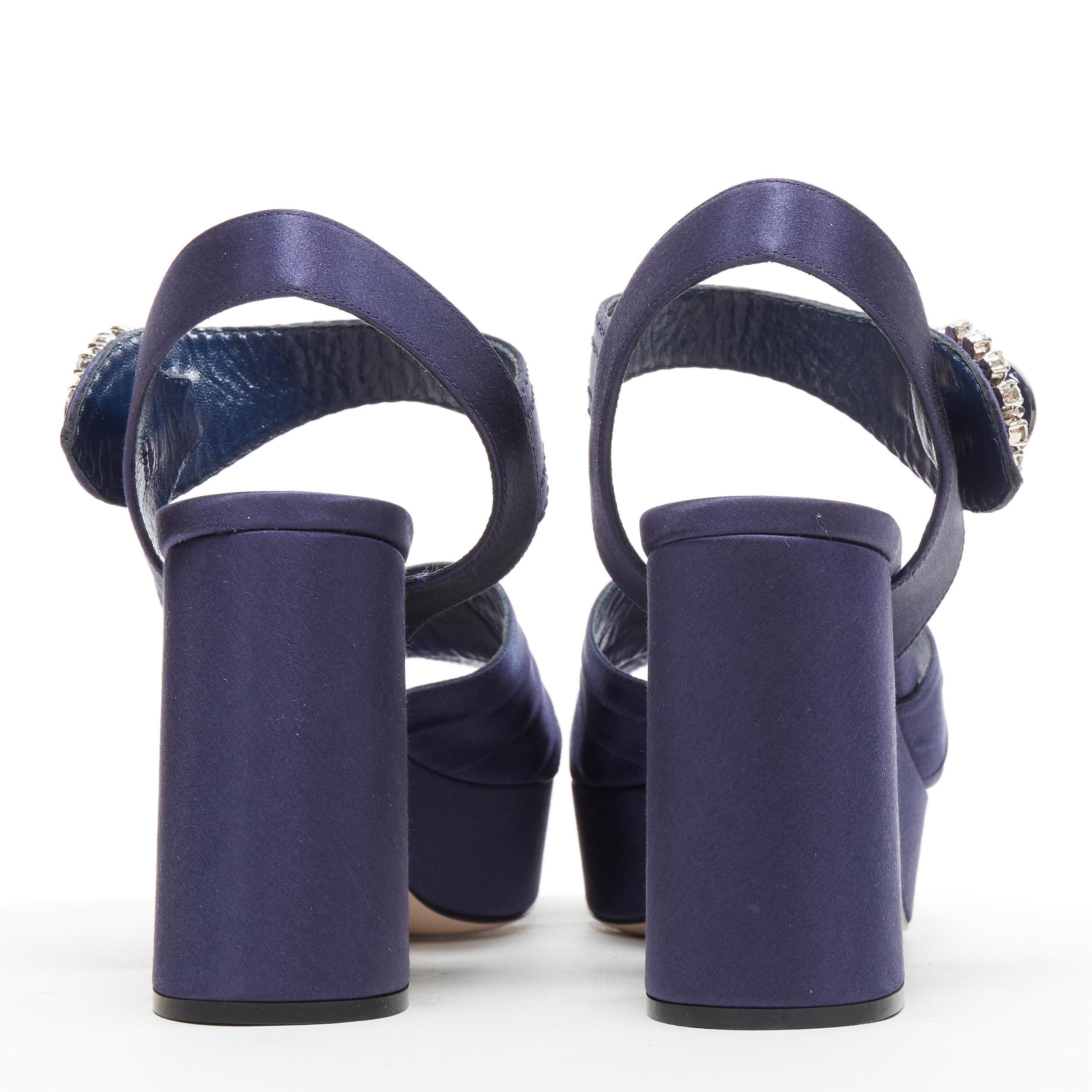 Blue new MIU MIU navy blue satin crystal pearl platform chunky heel sandals EU38.5