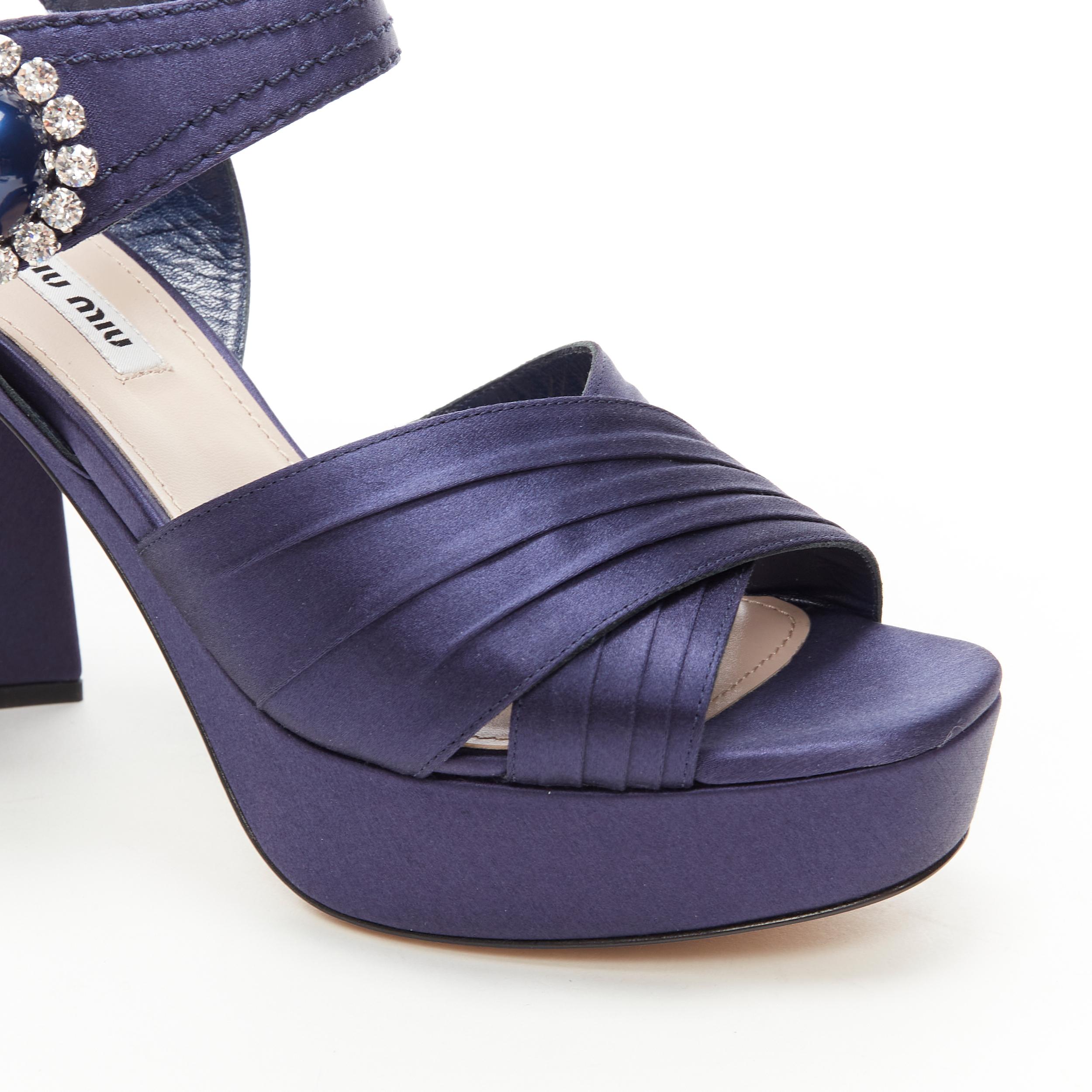 new MIU MIU navy blue satin crystal pearl platform chunky heel sandals EU38.5 1