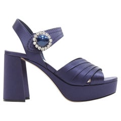new MIU MIU navy blue satin crystal pearl platform chunky heel sandals EU38.5