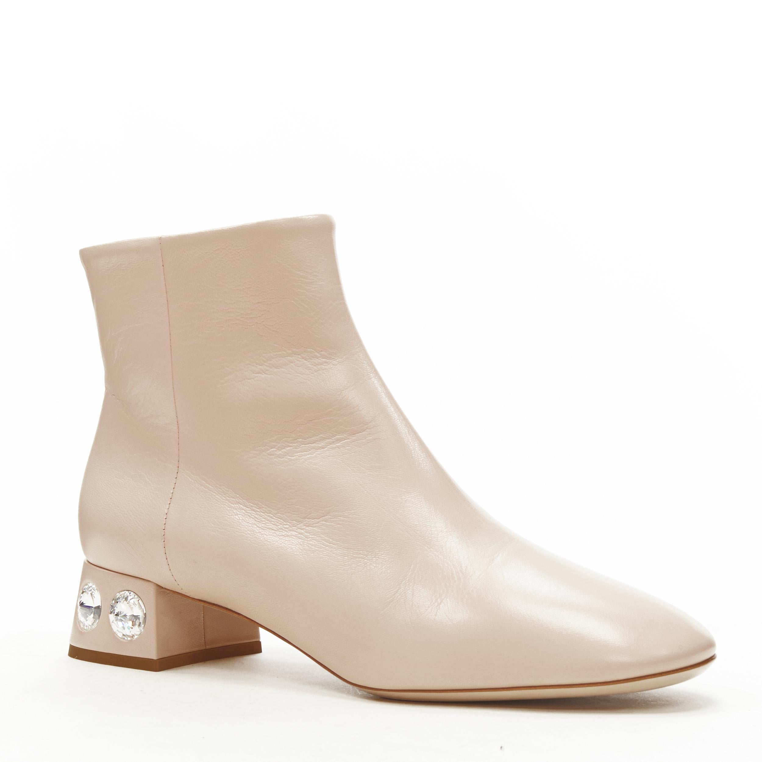 new MIU MIU nude leather large rhinestone crystal heel ankle boots EU38.5 In New Condition In Hong Kong, NT