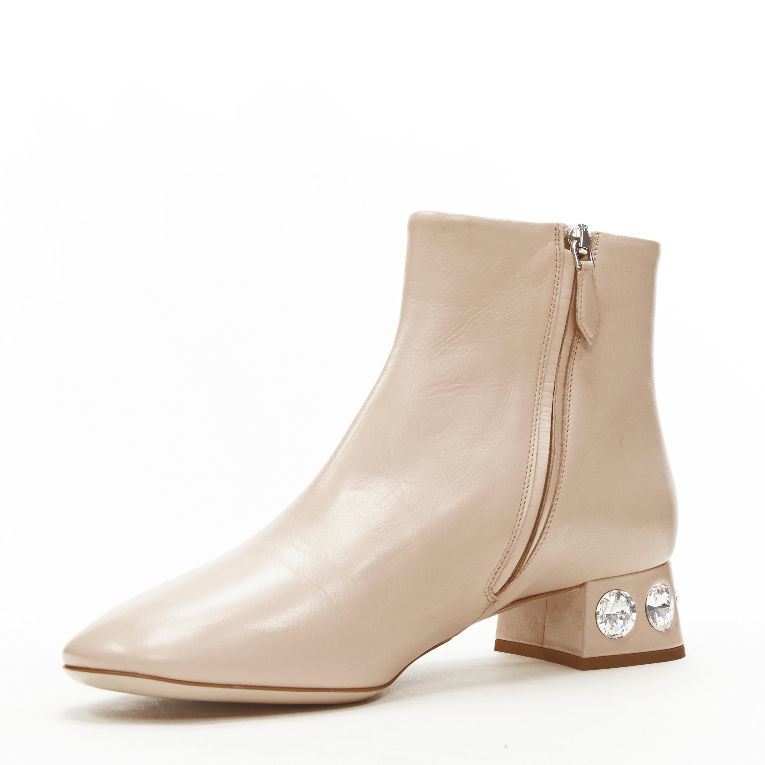 Women's new MIU MIU nude leather large rhinestone crystal heel ankle boots EU38.5