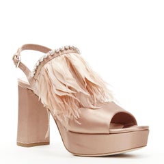 new MIU MIU nude silk satin feather jewel crystal platform sandal EU38