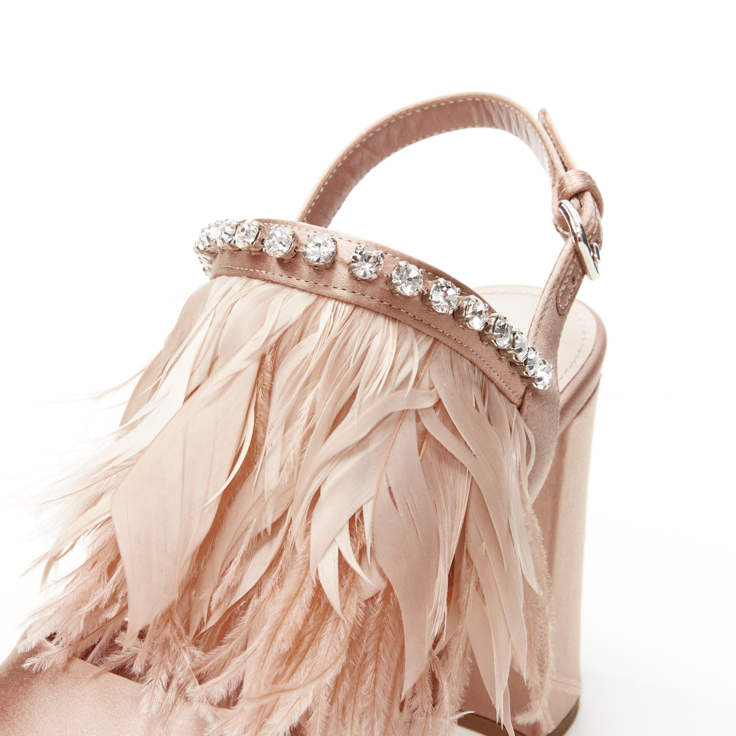 Beige new MIU MIU nude silk satin feather jewel crystal platform sandal EU38