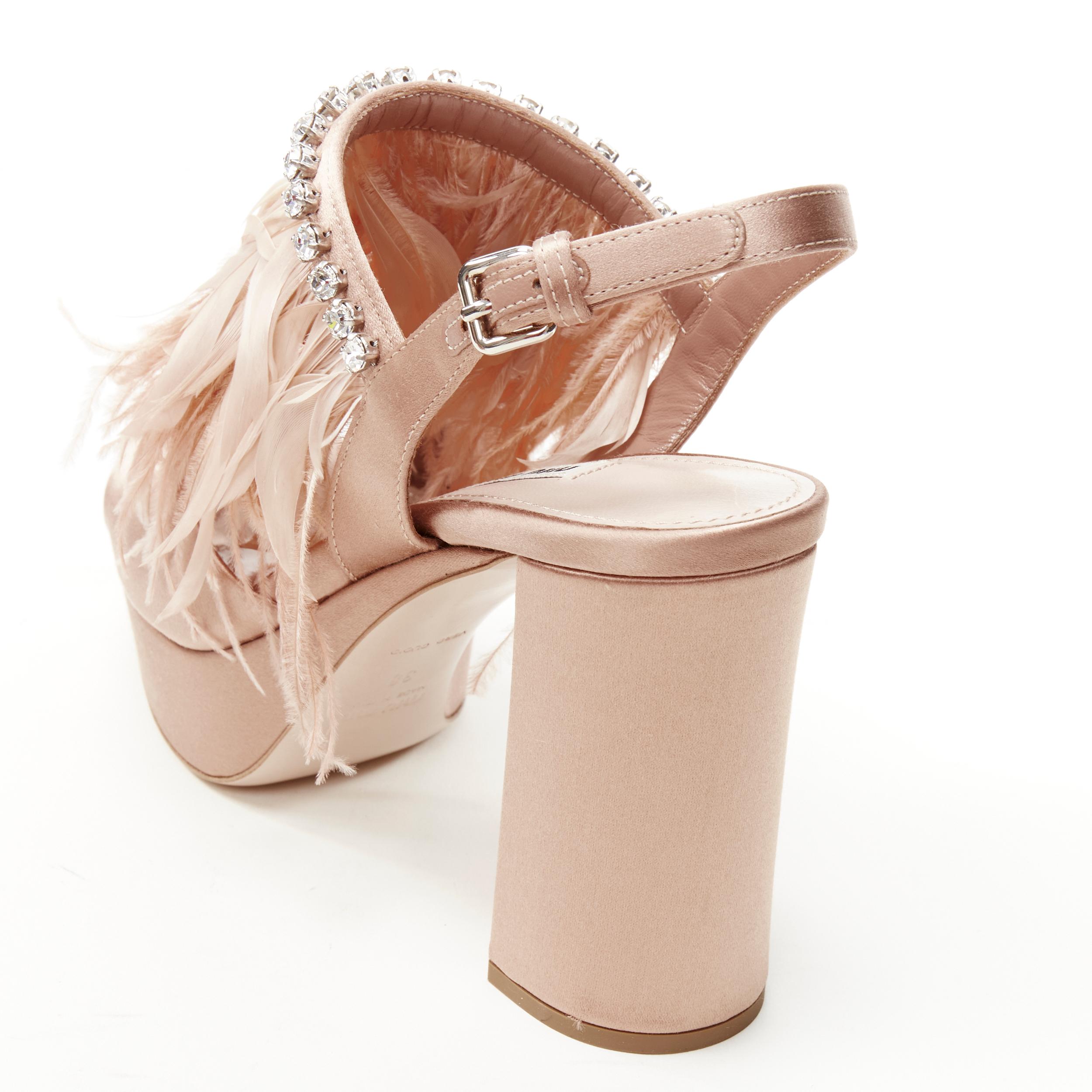 new MIU MIU nude silk satin feather jewel crystal platform sandal EU38 In New Condition In Hong Kong, NT