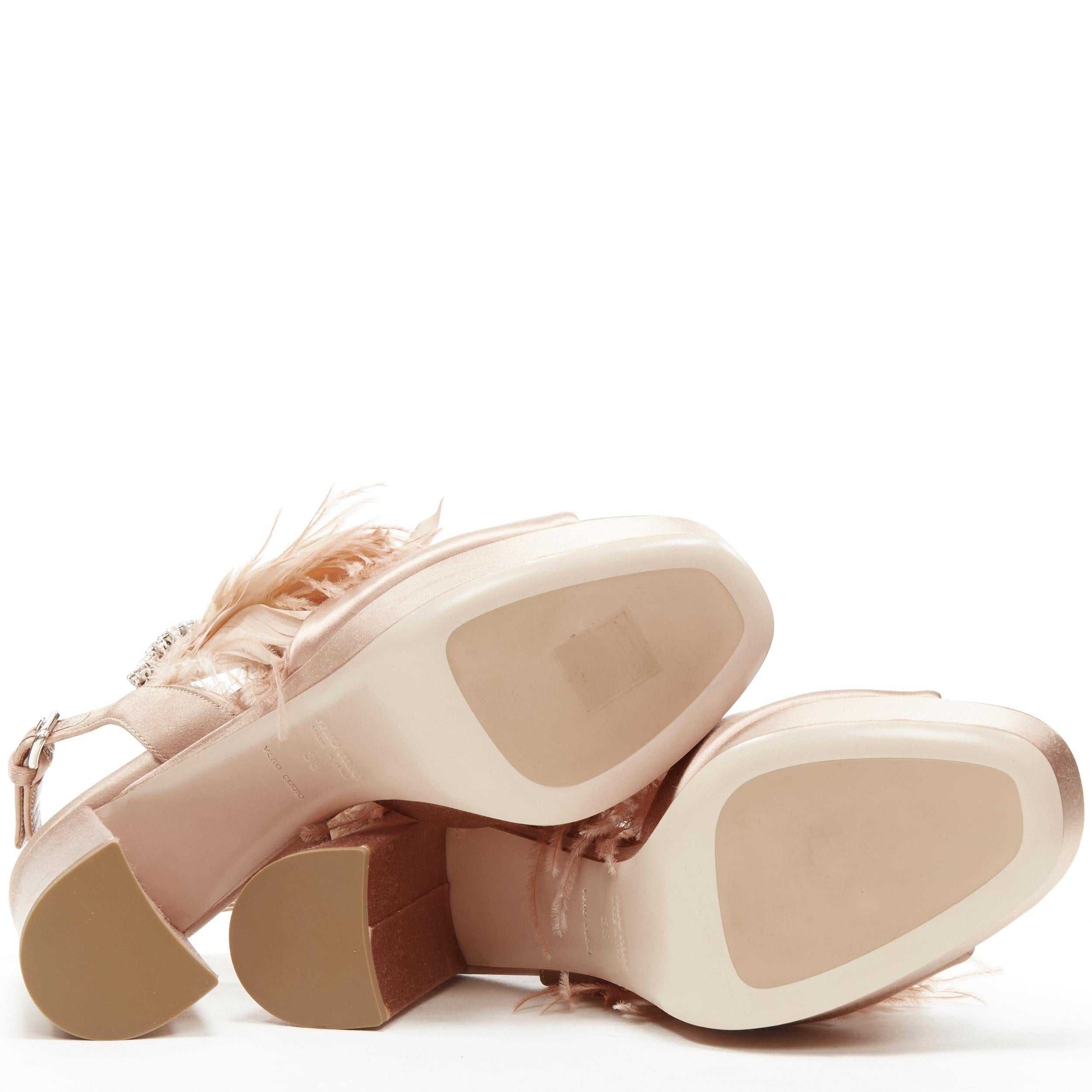 Women's new MIU MIU nude silk satin feather jewel crystal platform sandal EU38