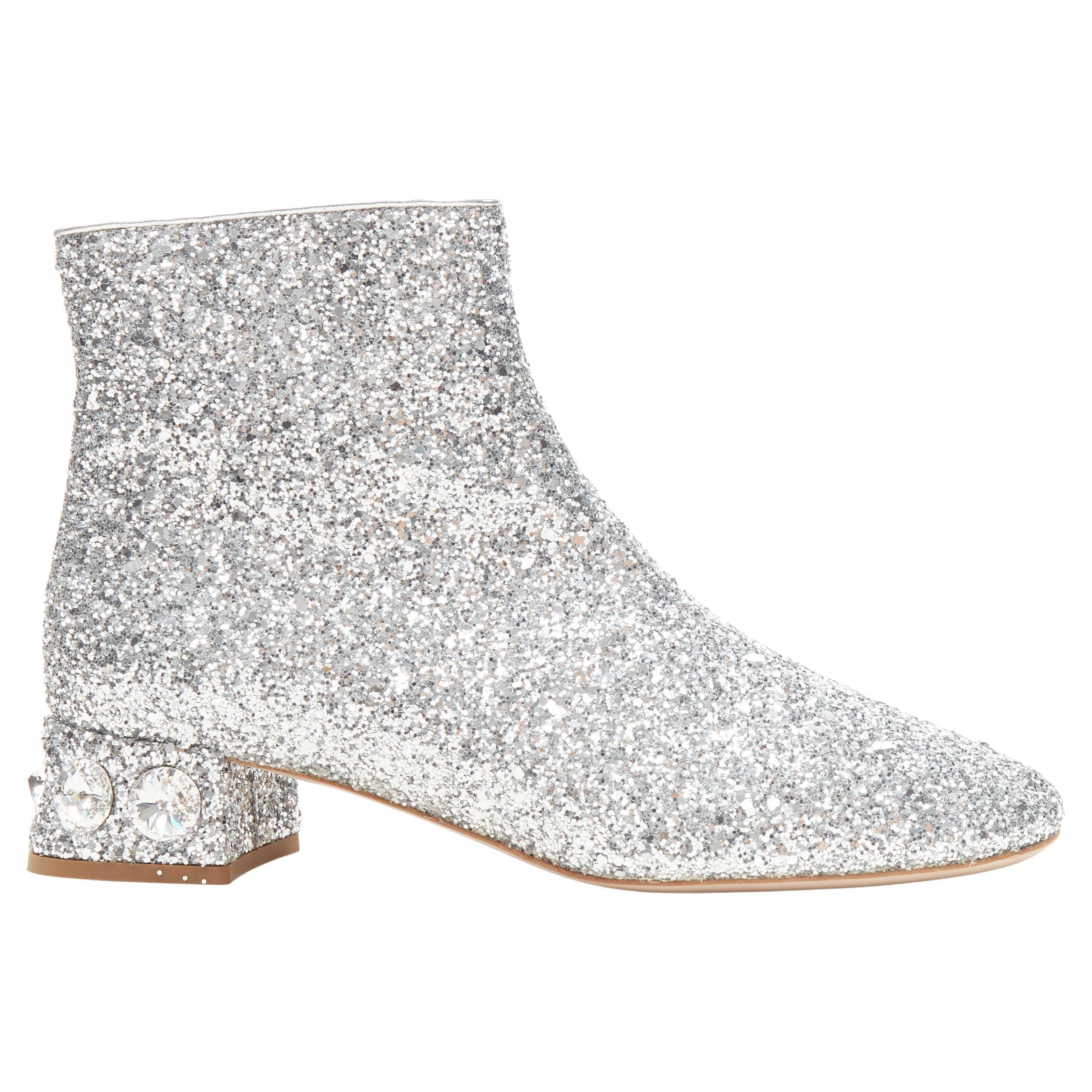 new MIU MIU silver glitter large rhinestone crystal heel ankle boots EU37  For Sale at 1stDibs | miu miu glitter boots