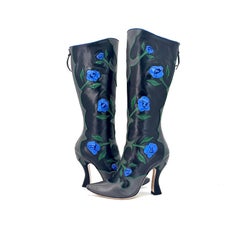 NEW Miu Miu SS 2012 Runway Rose Applique Western Pointed Toe Knee High Boots 37