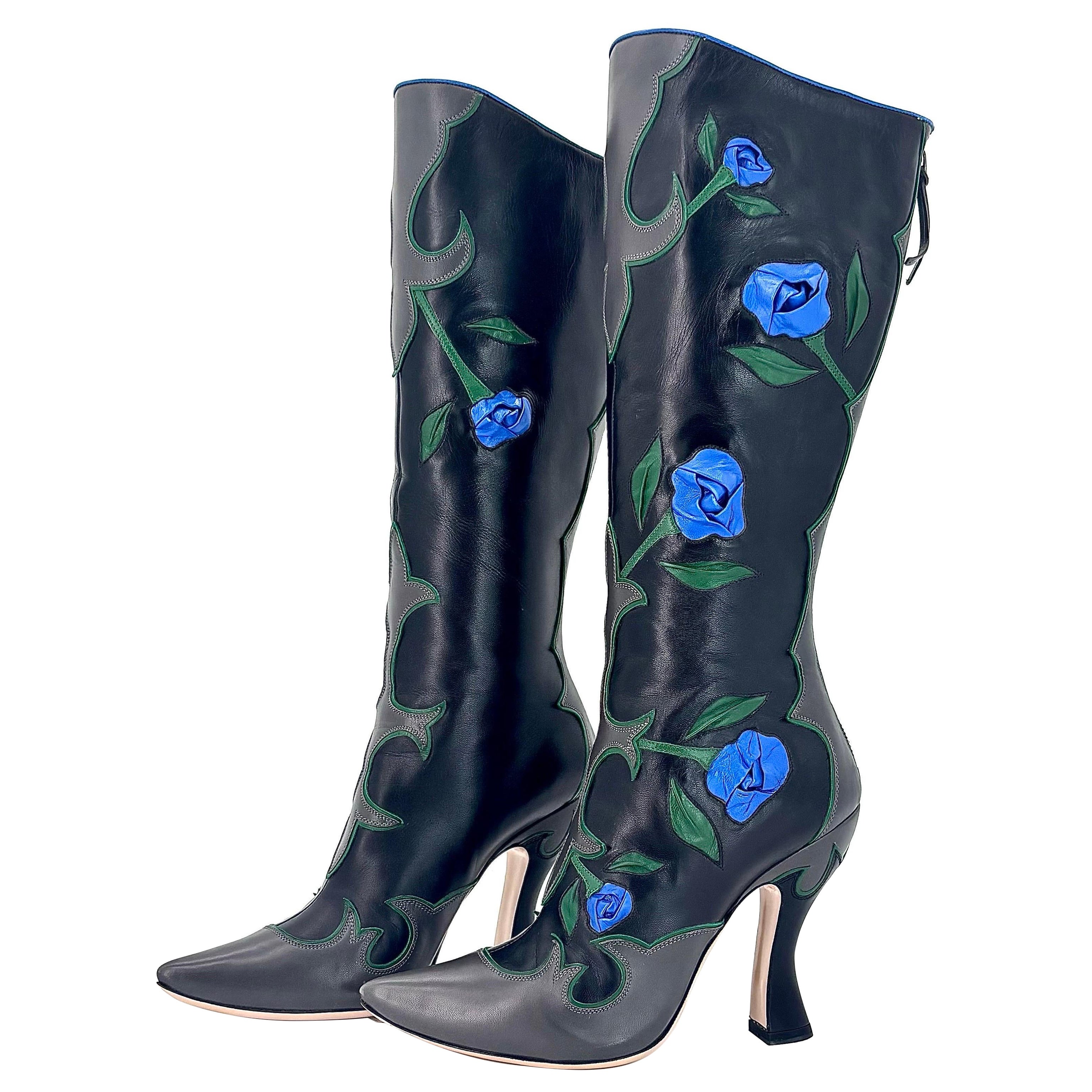 NEW Miu Miu SS 2012 Runway Rose Applique Western Pointed Toe Knee High Boots 37