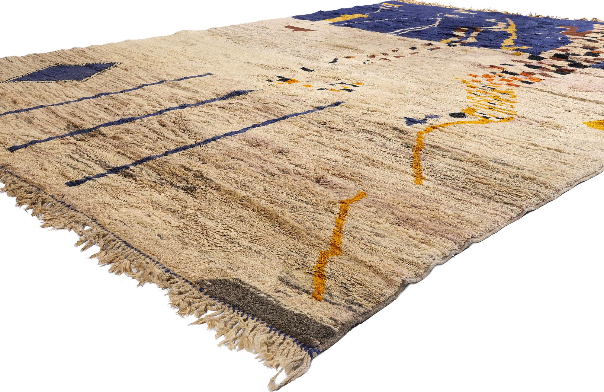 21642 New Rare Modern Abstract Beni Mrirt Moroccan Rug, 09'10 x 13'04. Woven like a whispered incantation from the Atlas Mountains, this hand-knotted wool modern abstract Beni Mrirt Moroccan rug embodies a rare intersection of ancient symbolism and
