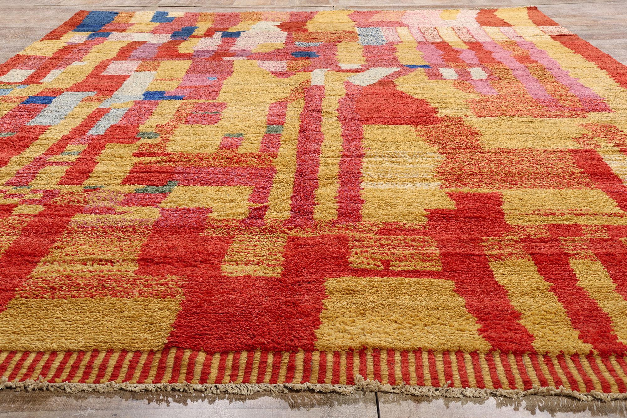 80569 New Modern Abstract Moroccan Rug, 09'11 x 13'11. Step into a world of vibrant abstraction and elevated craftsmanship with this hand-knotted wool modern Moroccan rug, masterfully woven in Pakistan. A bold visual symphony unfolds across the