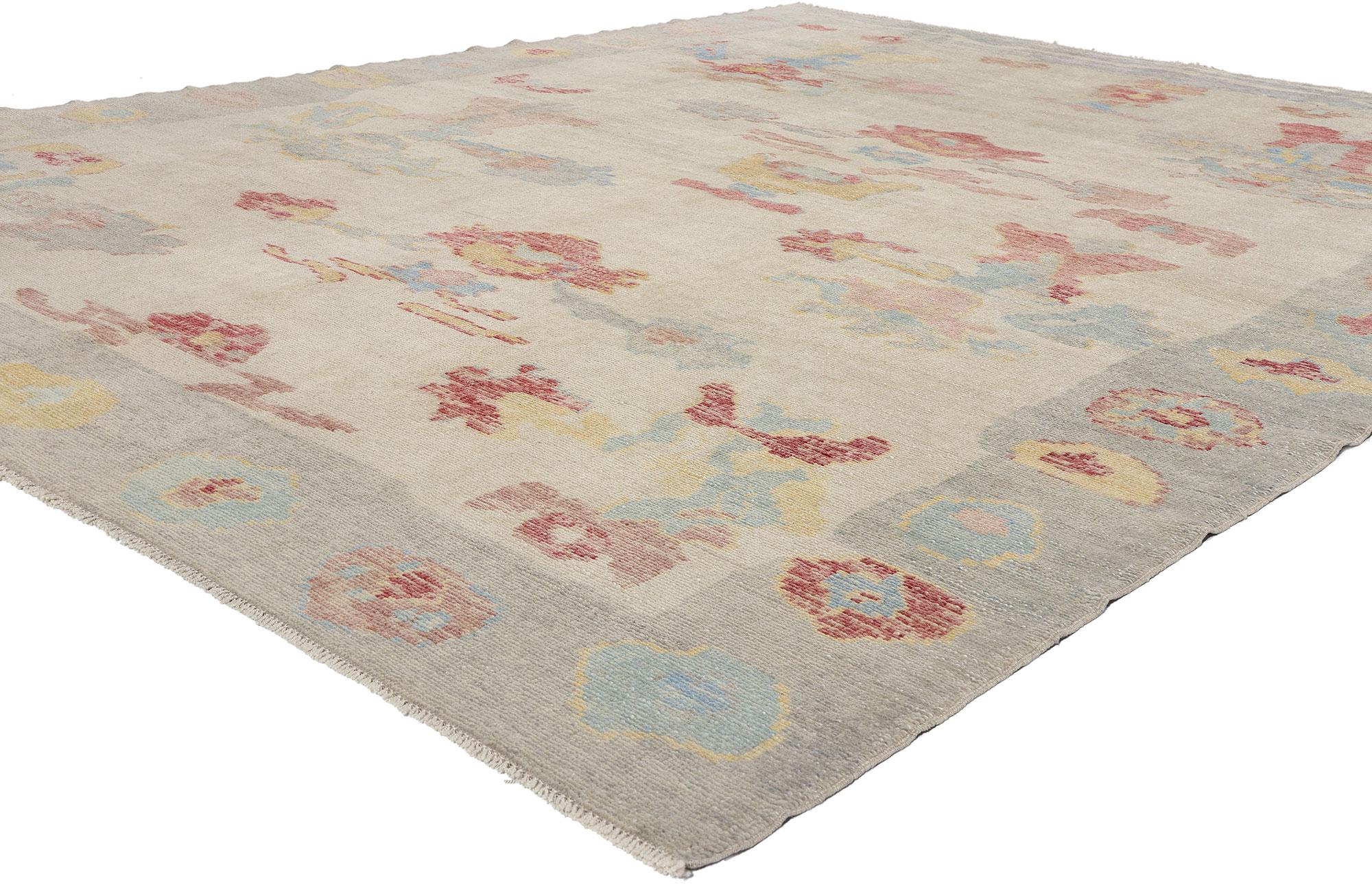 53975 Neuer moderner türkischer Oushak-Teppich, 09'00 x 11'04. Dieser moderne türkische Oushak-Teppich aus handgeknüpfter Wolle ist eine meisterhafte Verschmelzung von zeitgenössischer Eleganz und biophilem Design und bringt die Gelassenheit der