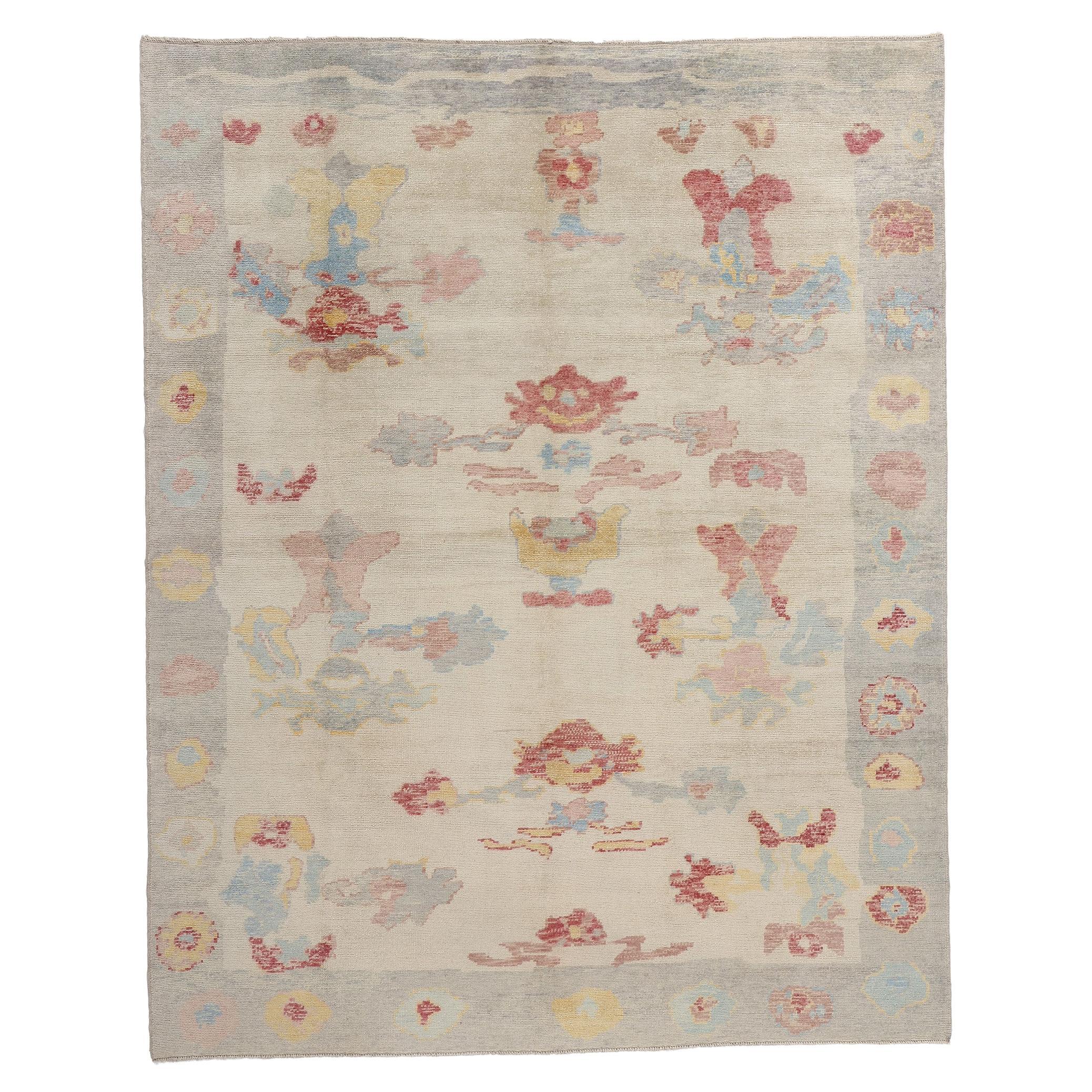 New Modern Biophilic Boho Turkish Oushak Carpet with Contemporary Style