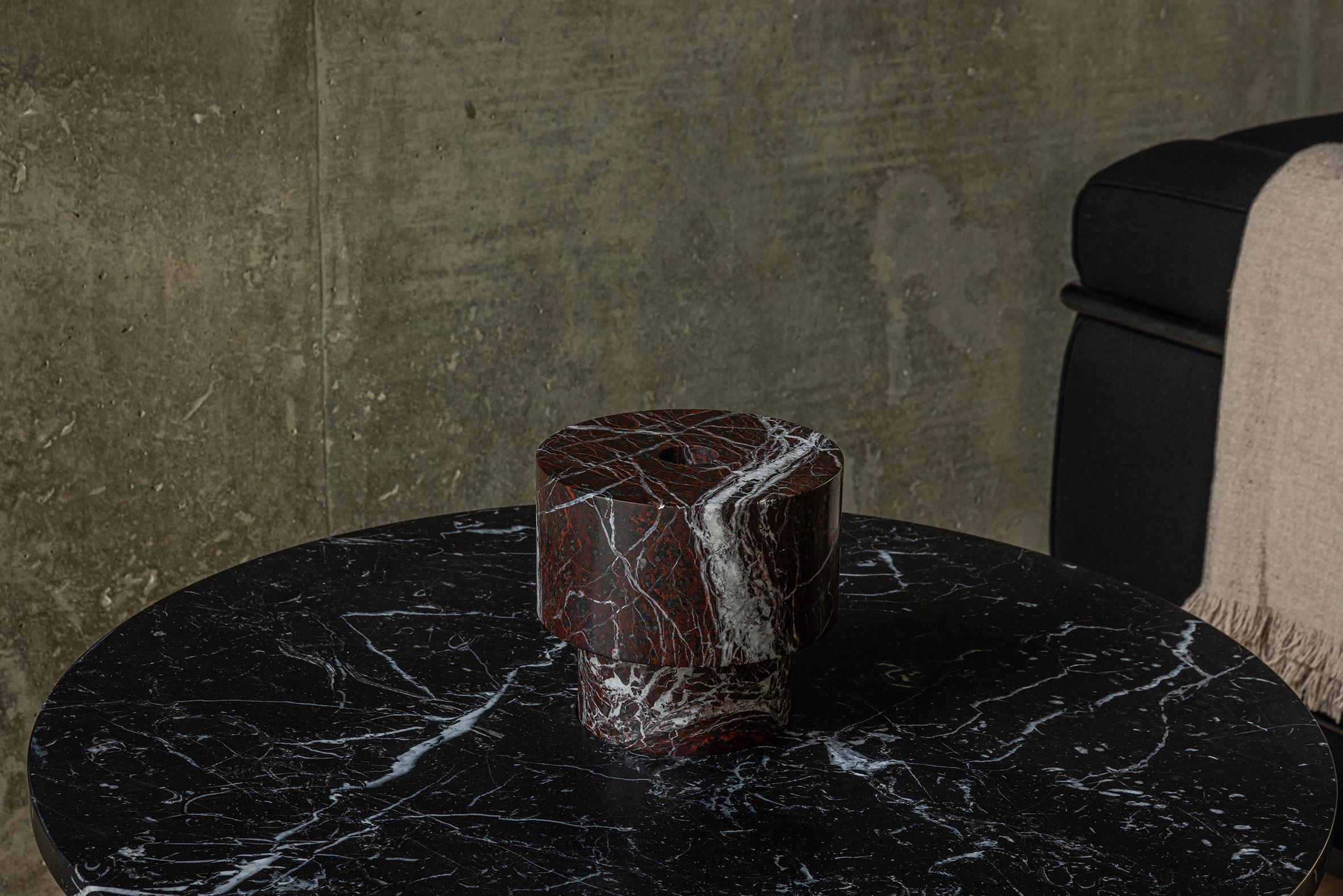 Contemporary New Modern Candleholder in Red Marble, creator Karen Chekerdjian For Sale