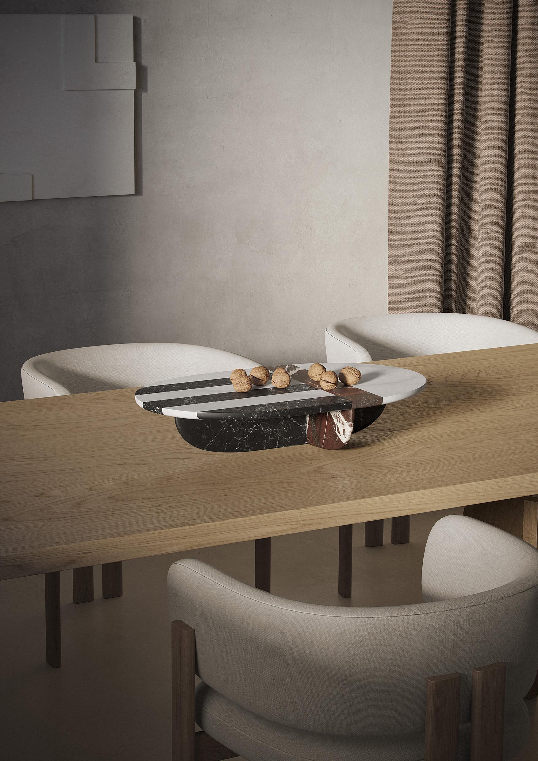 Centerpiece in White Michelangelo, Red Levanto and Black Marquinia marbles.
Size: 12 x 60 x 35 cm 4.7 x 23.6 x 13.8 in, smooth finishing. Commercial name: Artemisia, Homage Collection by the Italian Designer Matteo Cibic. Made in Italy, hand