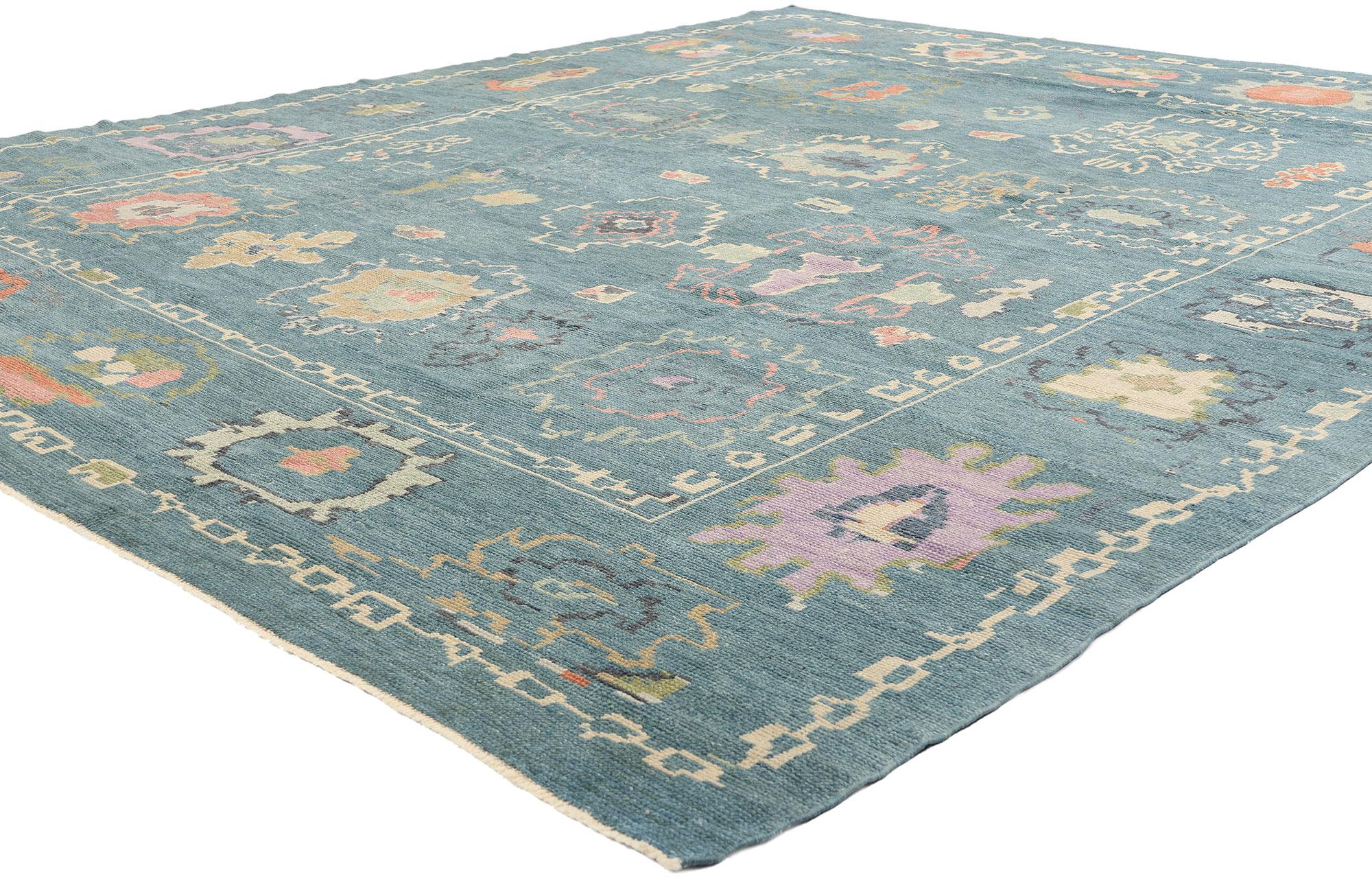 53554 New Colorful Oushak Turkish Rug, 09'08 x 11'06. Dieser moderne türkische Oushak-Teppich aus handgeknüpfter Wolle ist ein faszinierendes Zusammenspiel von Farben, Texturen und Traditionen und ein Fest des künstlerischen Ausdrucks. Die