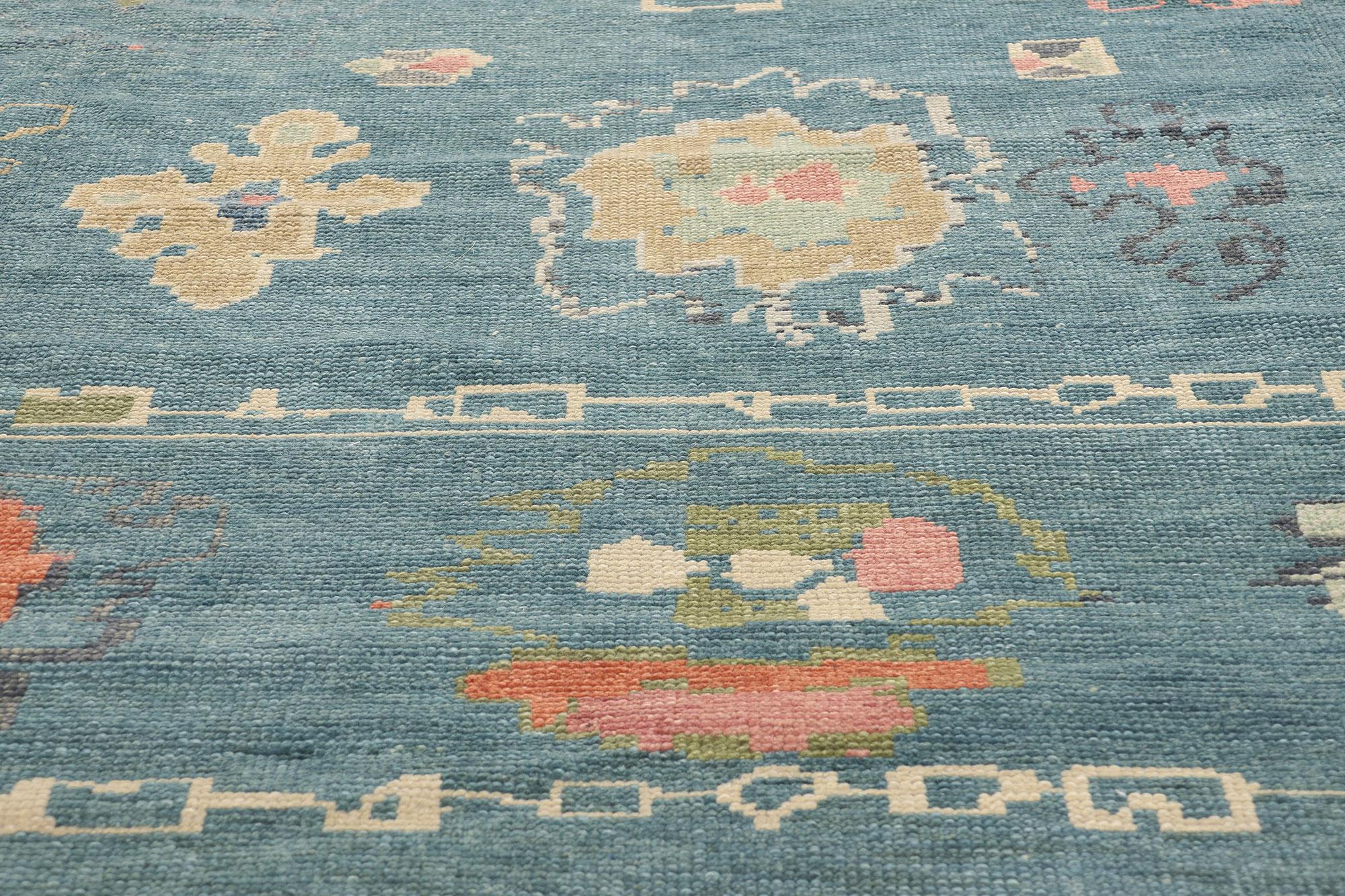 Neuer moderner türkischer Oushak-Teppich in Ceruleanblau mit Contemporary-Stil (Wolle) im Angebot