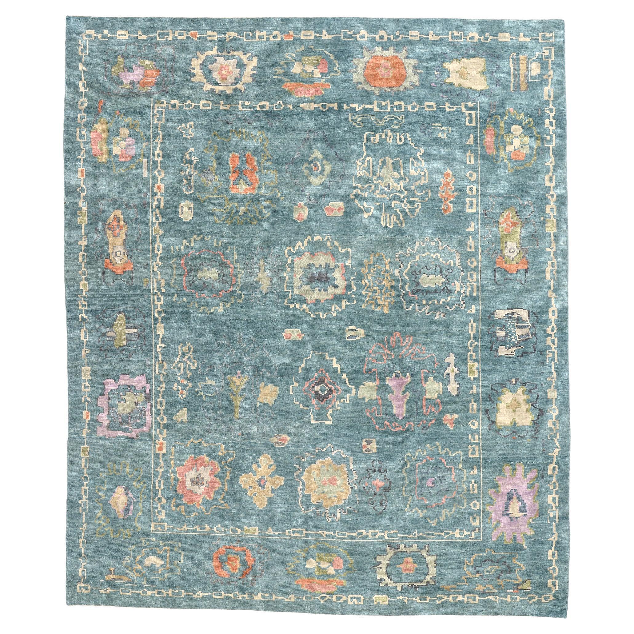 New Modern Cerulean Blue Turkish Oushak Carpet with Contemporary Style