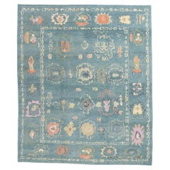 New Modern Cerulean Blue Turkish Oushak Carpet with Contemporary Style