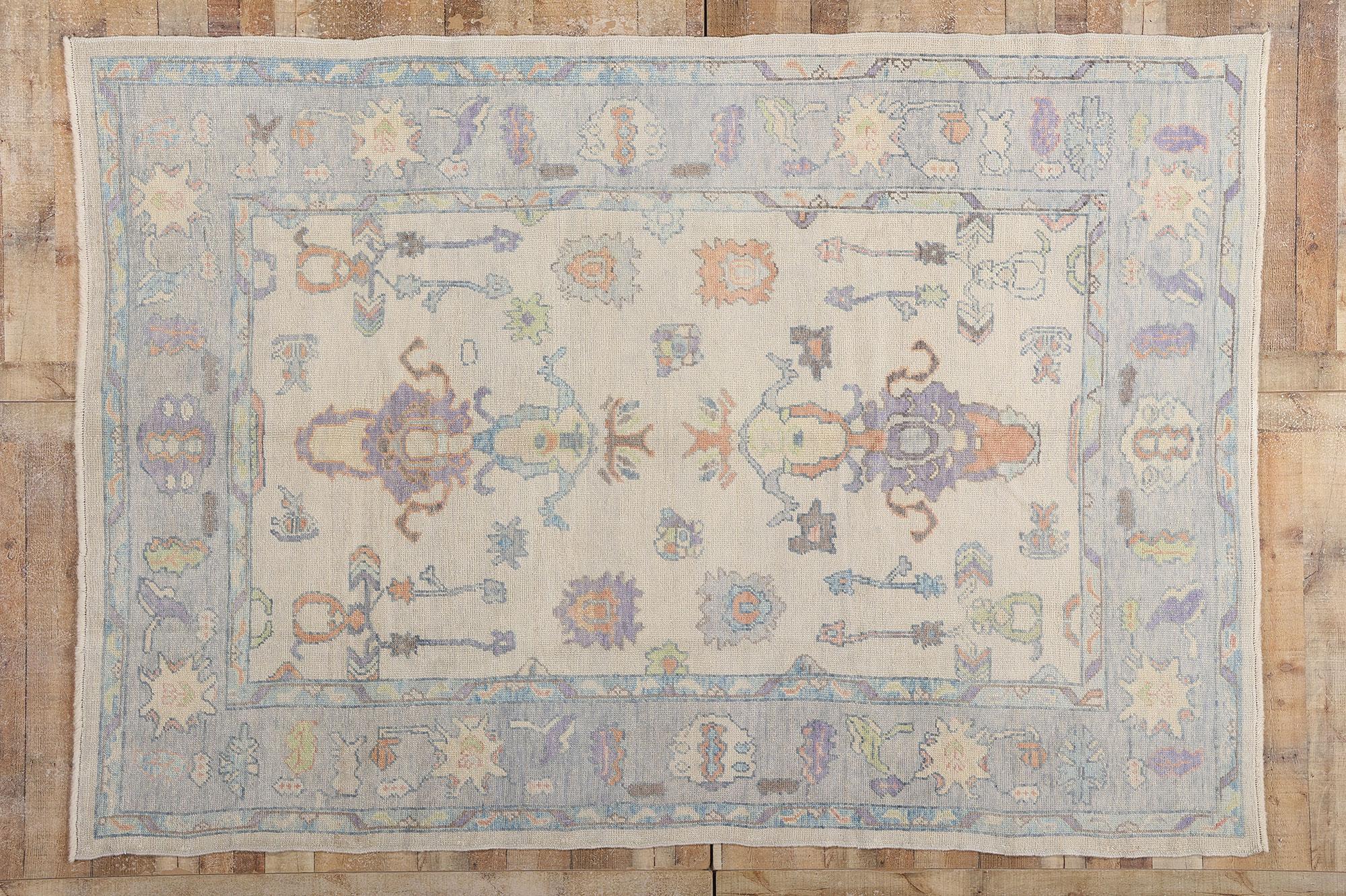 54003 New Modern Turkish Oushak Rug, 06'10 x 09'10. This hand knotted wool, precious Turkish Oushak rug unravels a radiant tableau of celestial whimsy and earthly abundance, rendered in a poetic allover pattern upon a softly structured beige field.