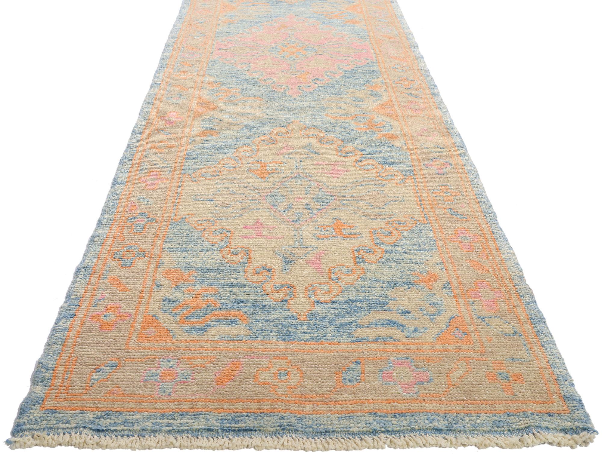 54018 New Modern Colorful Turkish Oushak Rug Runner, 03'00 x 19'07. A poetic expression of Anatolian artistry, this hand-knotted wool Turkish Oushak runner is a visual reverie woven in sky tones and sunlit warmth. A true embodiment of exclusivity