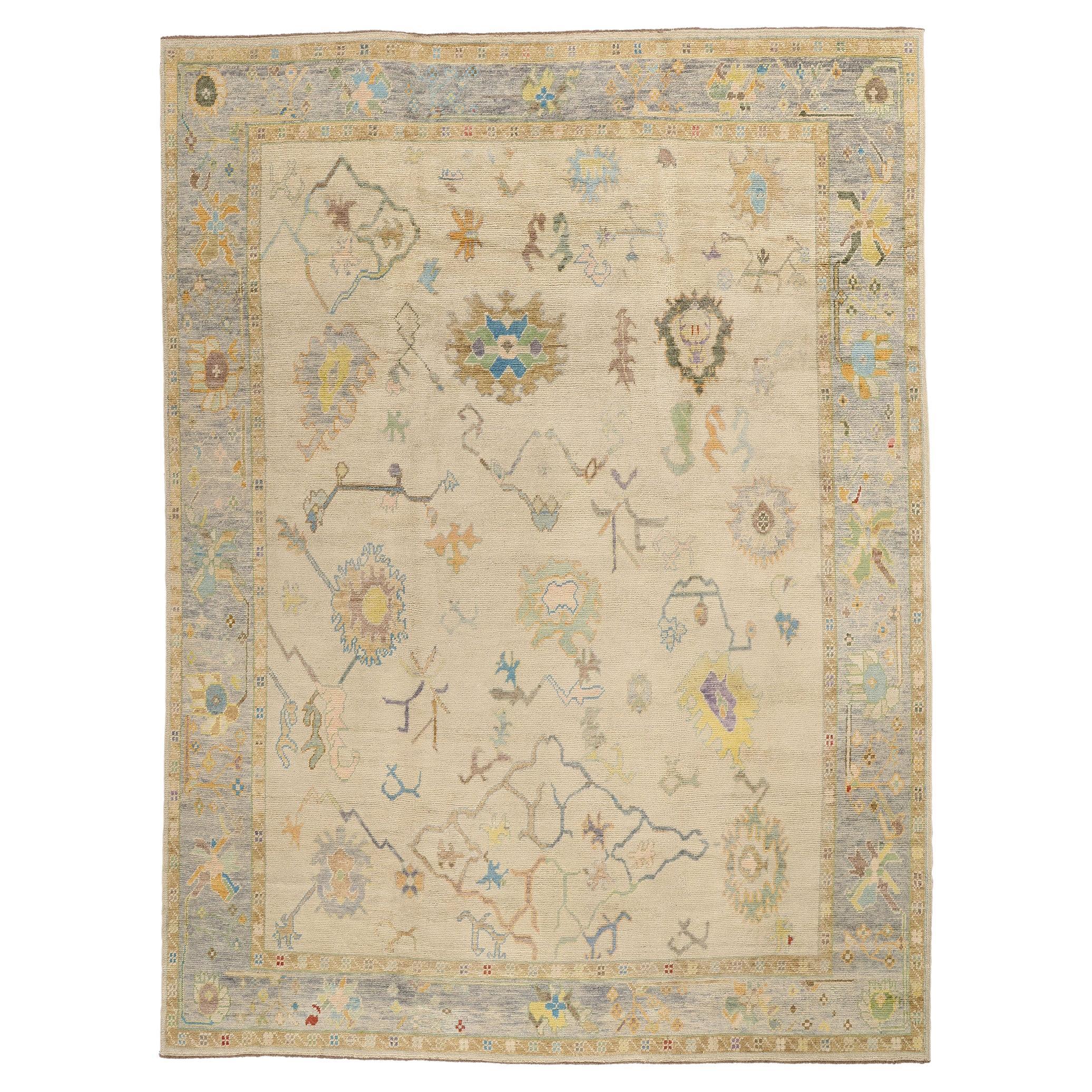New Modern Colorful Turkish Oushak Carpet with Transitional Style For Sale
