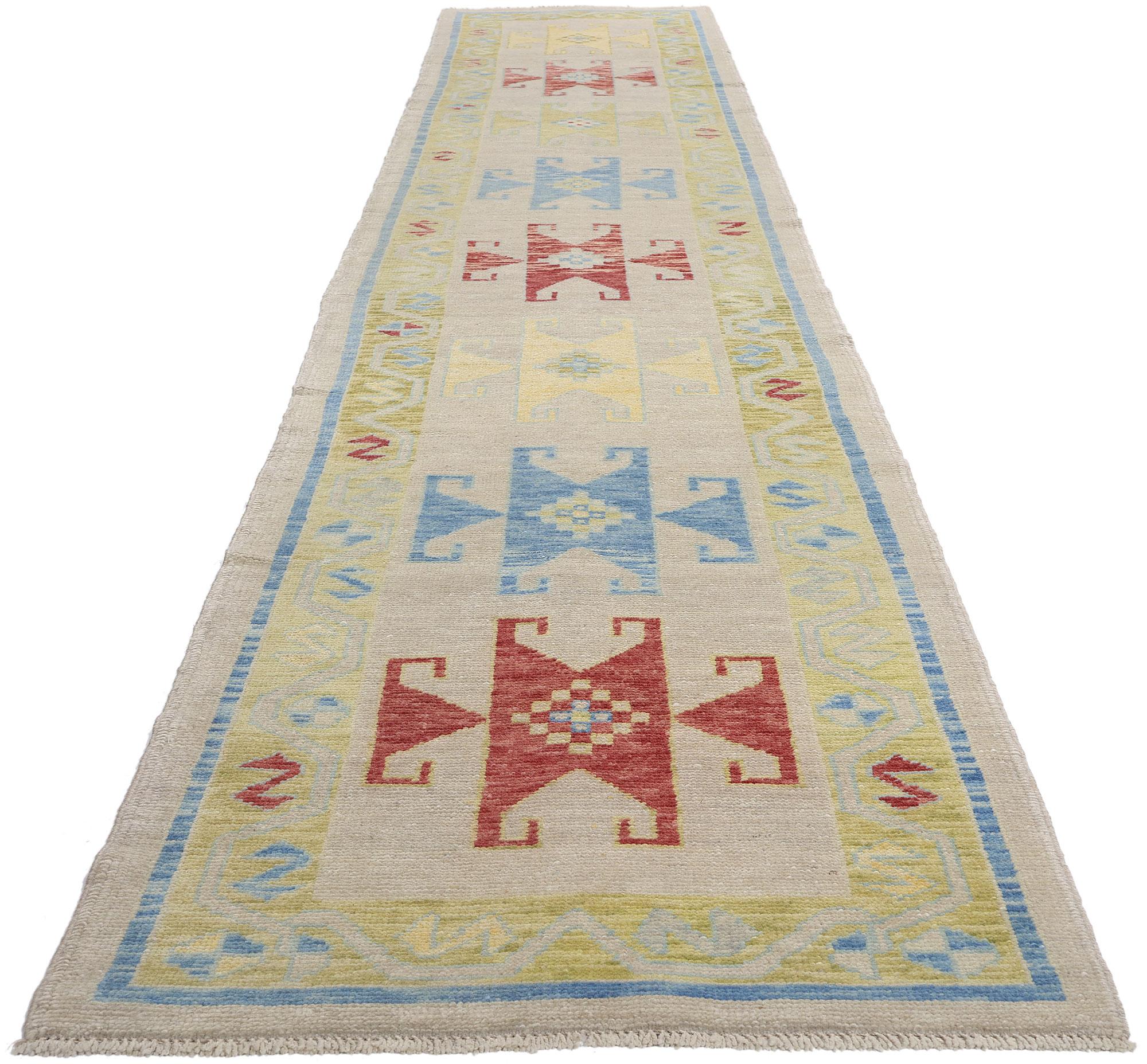 53970 New Modern Tribal Turkish Oushak Rug Runner, 02'10 x 16'01. This hand-knotted wool modern tribal Turkish Oushak rug runner presents a harmonious blend of traditional Anatolian motifs and contemporary elegance. With a light and neutral gray