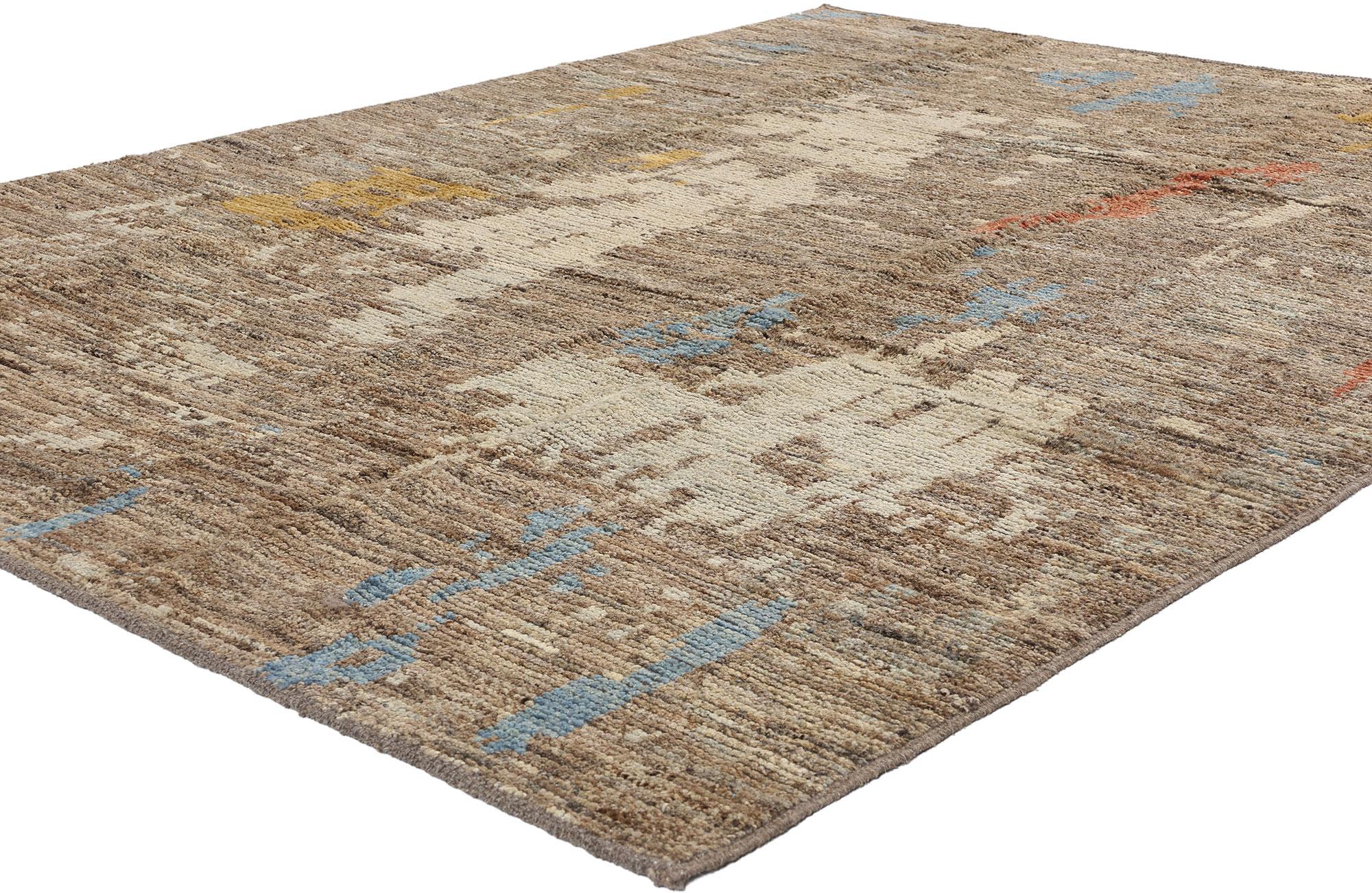 81151 New Modern Desert Brushstrokes Moroccan Rug, 06'05 x 08'09. This hand-knotted wool Modern Desert Brushstrokes Moroccan rug from Pakistan is a striking work of art that captures the essence of desert landscapes through the fluidity of color and