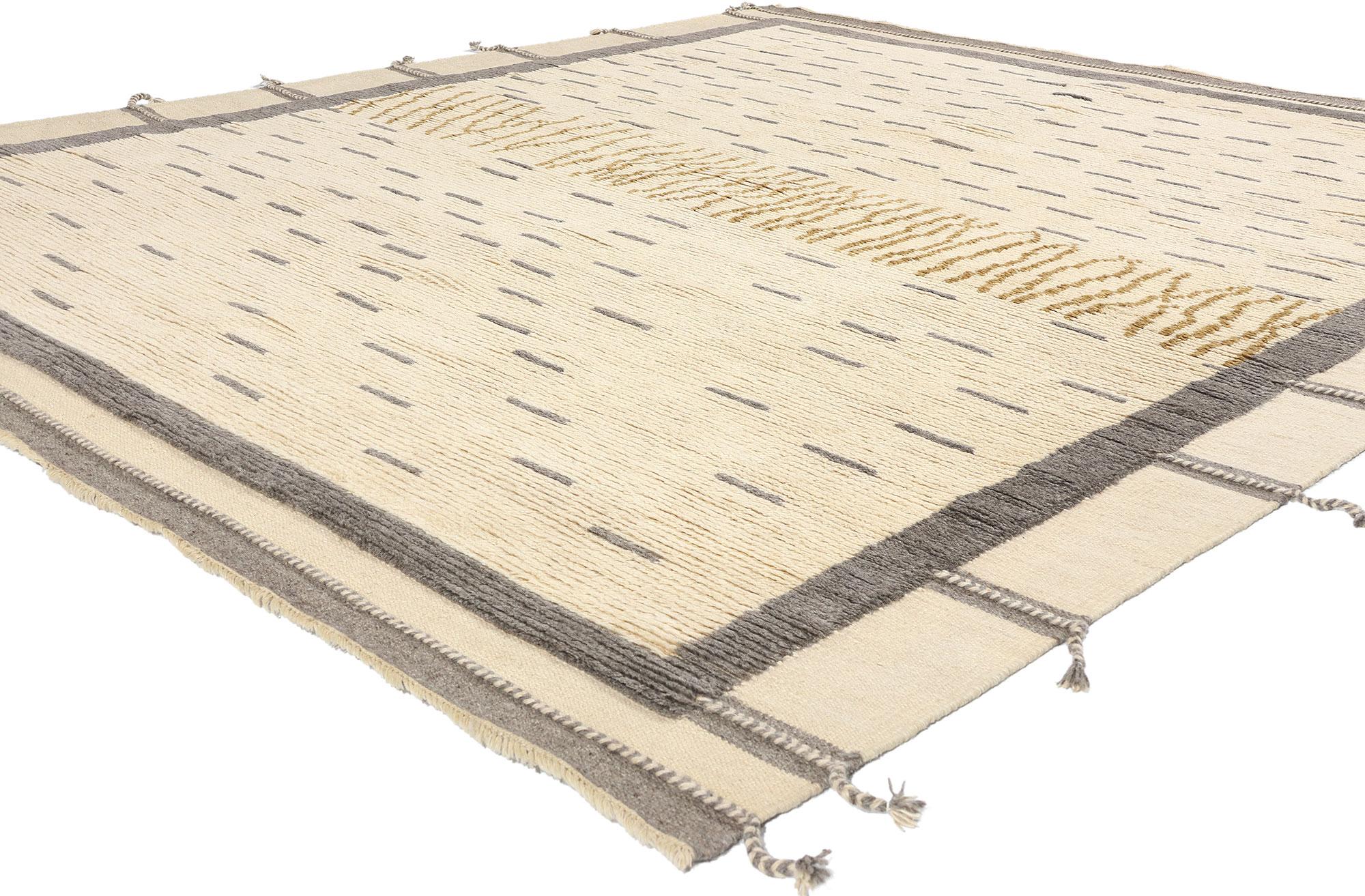 31196 New Modern Desert Striations Moroccan Rug, 08'06 x 09'10. This exquisite hand-knotted wool Desert Striations Moroccan rug embodies the essence of organic modernism with its understated elegance and minimalist design. The rug’s pattern