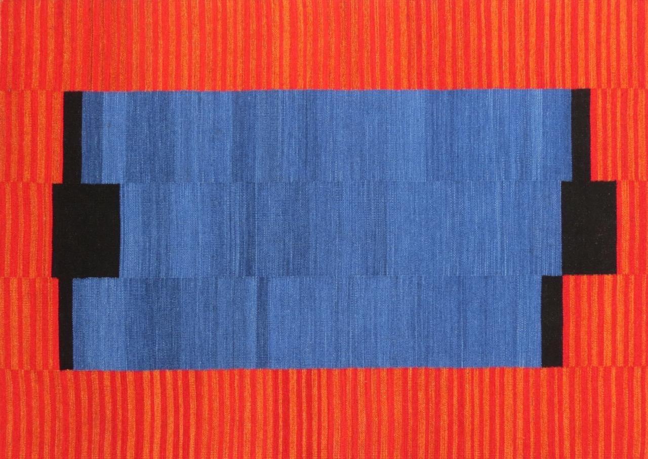 Beautiful new Kilim with geometrical modern design and light colors, entirely handwoven with wool on cotton foundation.