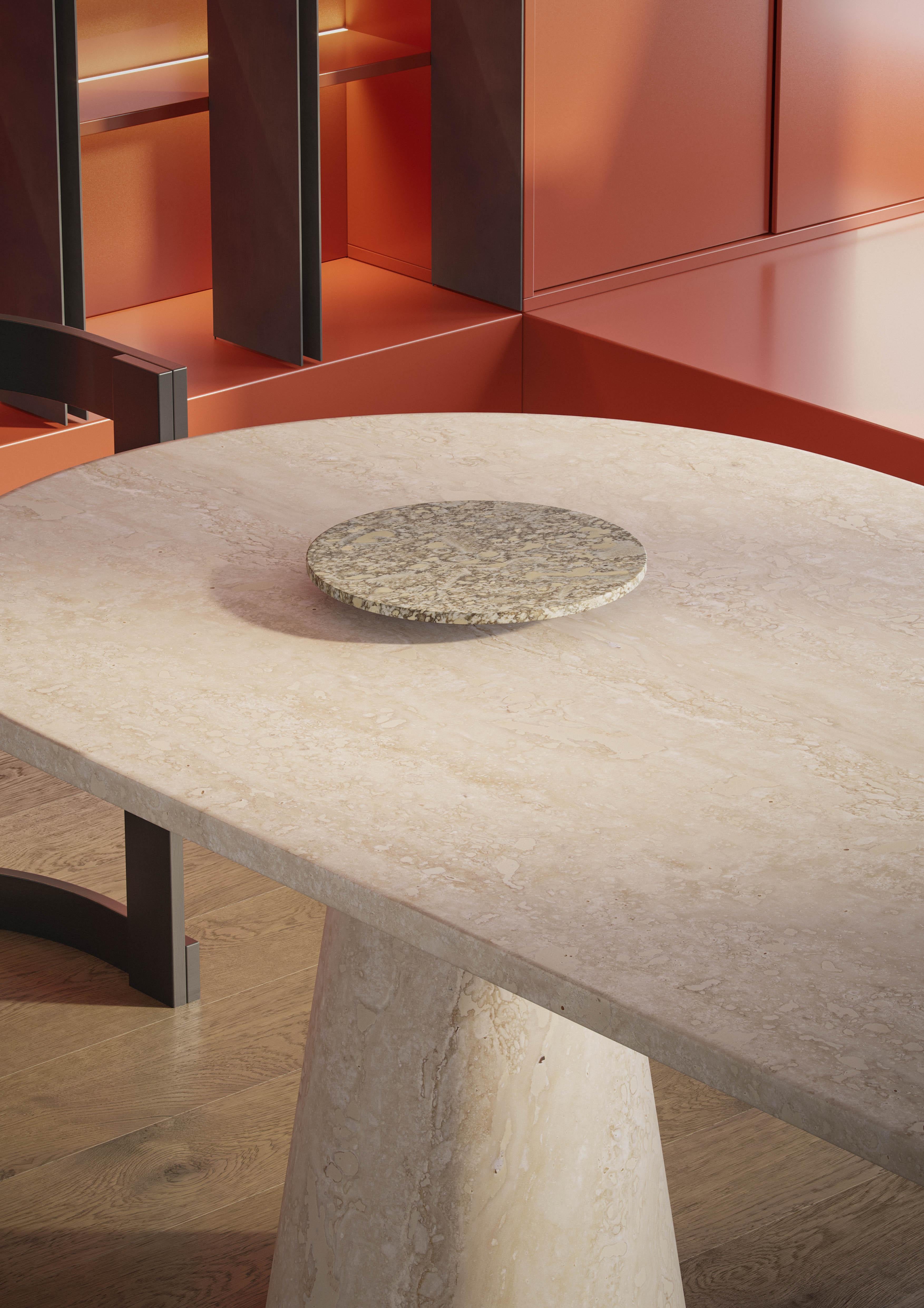Contemporary New Modern Dining Table in Travertine Navona, Creator Karen Chekerdjian For Sale