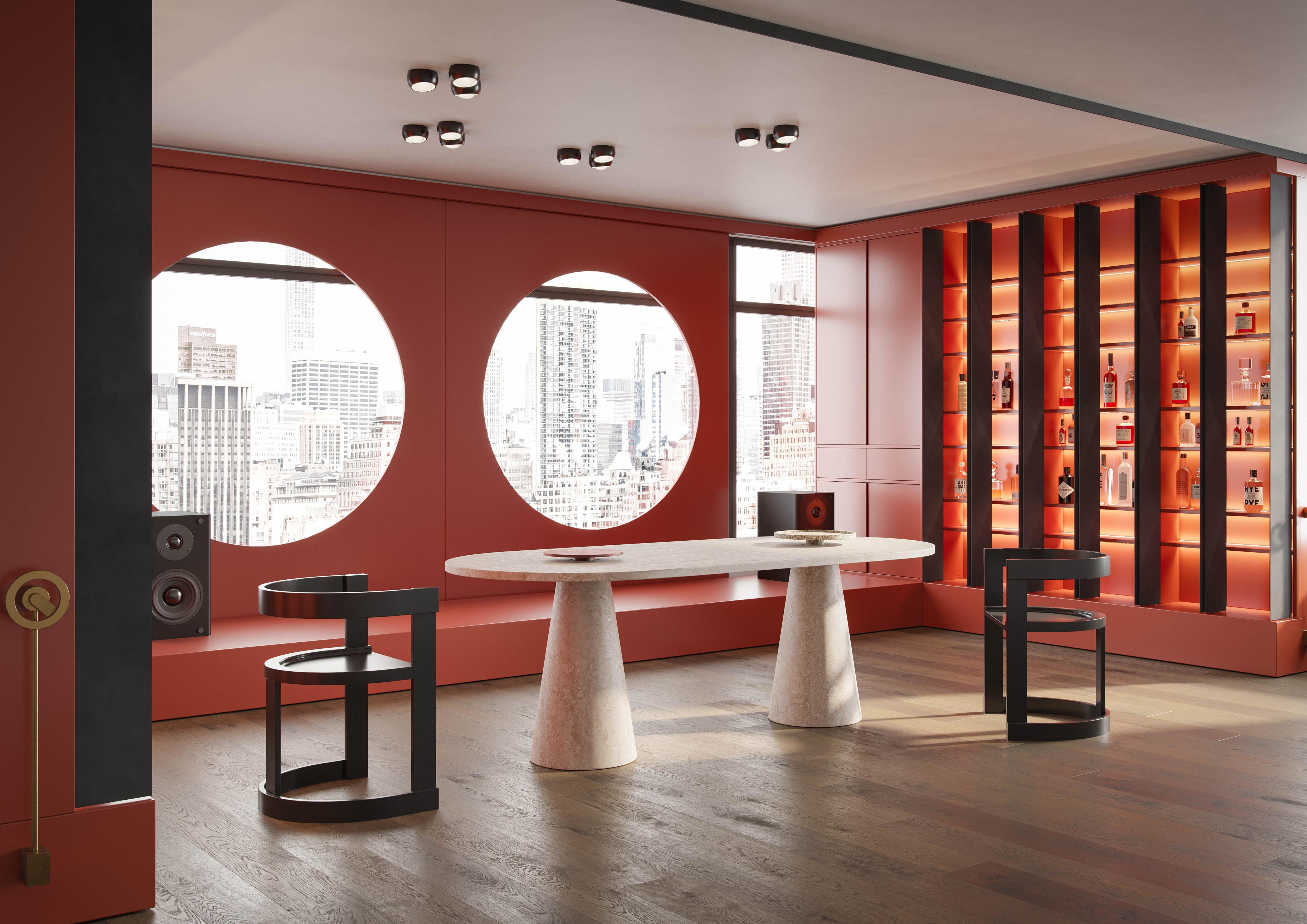 Marble New Modern Dining Table in Travertine Navona, Creator Karen Chekerdjian For Sale