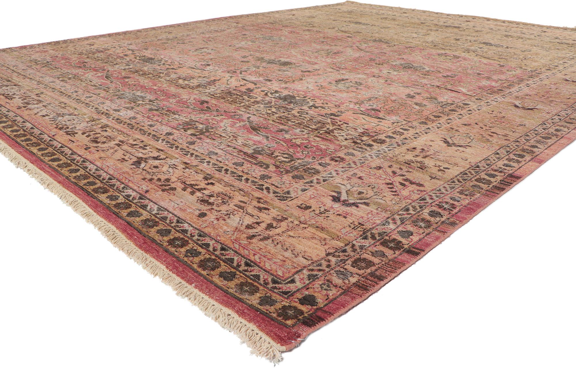 30778 New modern distressed rug with vintage style 09'02 x 11'11. With its Indian summer colors and weathered beauty combined with nostalgic charm, this new contemporary distressed rug creates an inimitable warmth and calming ambiance. The botanical