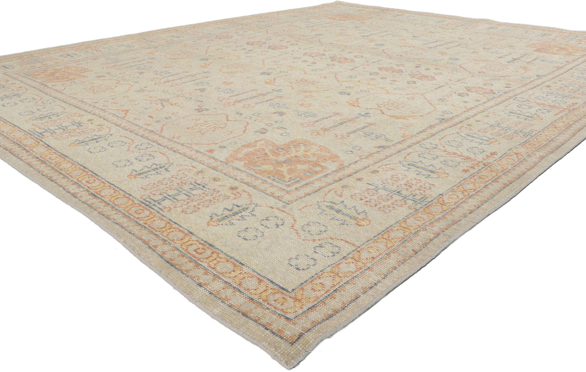 30782 New Modern Distressed Rug with Vintage Style 08'00 x 09'11. With its Indian summer colors and weathered beauty combined with nostalgic charm, this new contemporary distressed rug creates an inimitable warmth and calming ambiance. The botanical