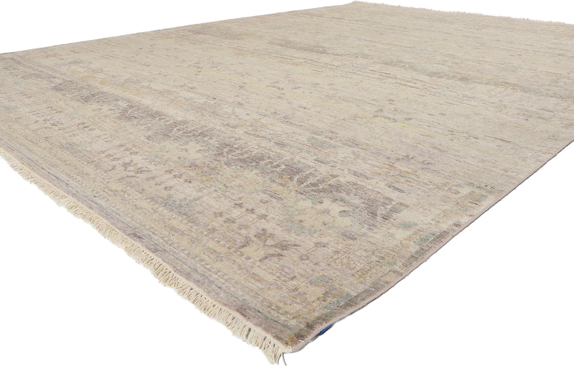 30781 New Modern distressed rug with vintage style 08'10 x 12'02. With its weathered beauty and nostalgic charm, this new contemporary distressed rug creates an inimitable warmth and calming ambiance. The botanical design and soft colors woven into
