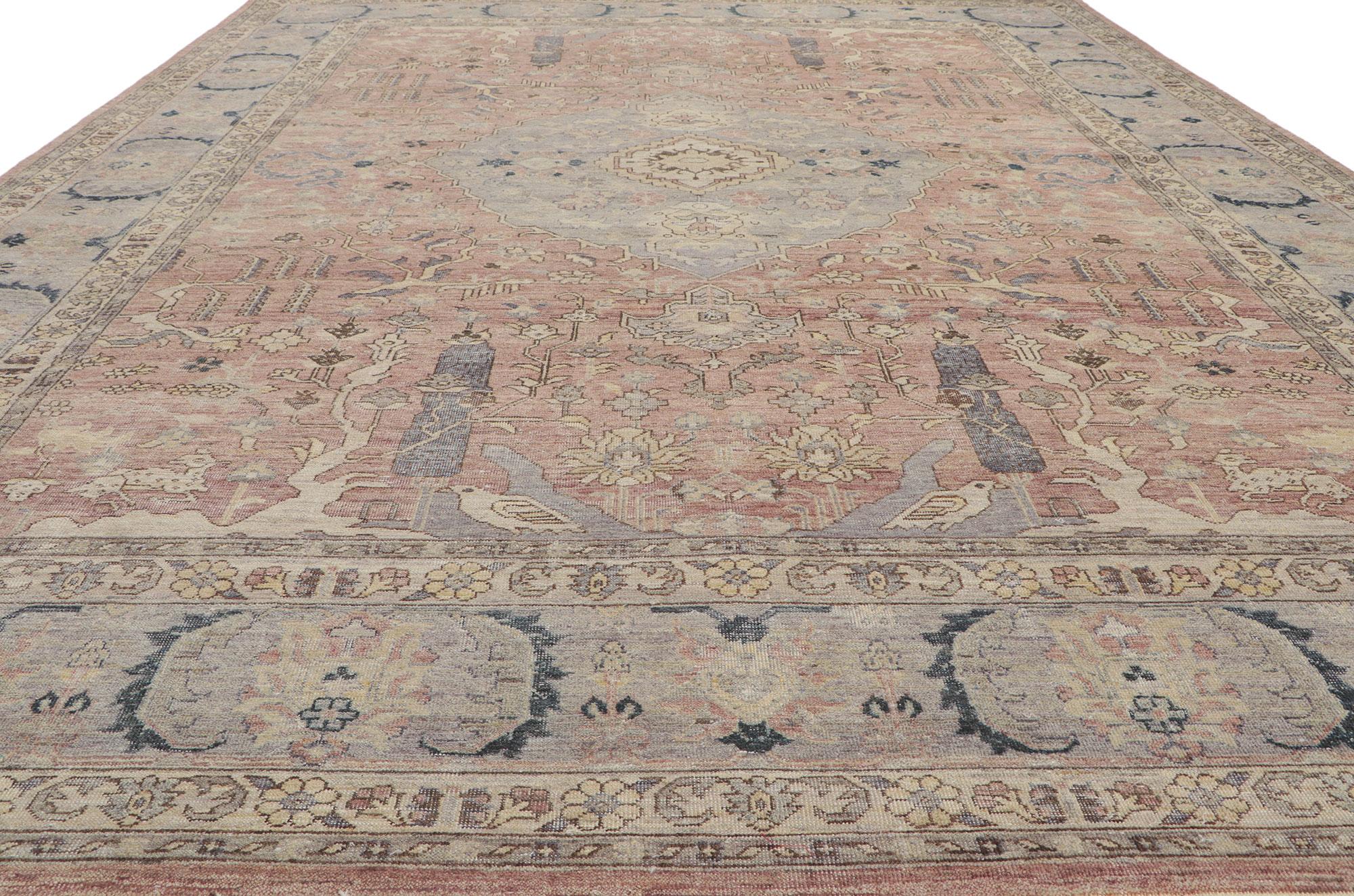 Indian New Vintage-Style Distressed Rug with Soft Earth-Tone Colors For Sale