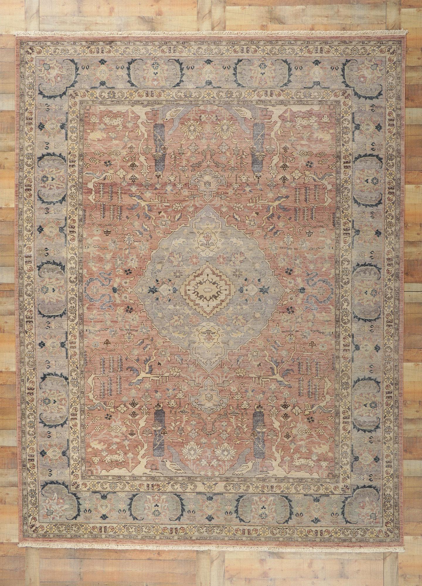 Wool New Vintage-Style Distressed Rug with Soft Earth-Tone Colors For Sale