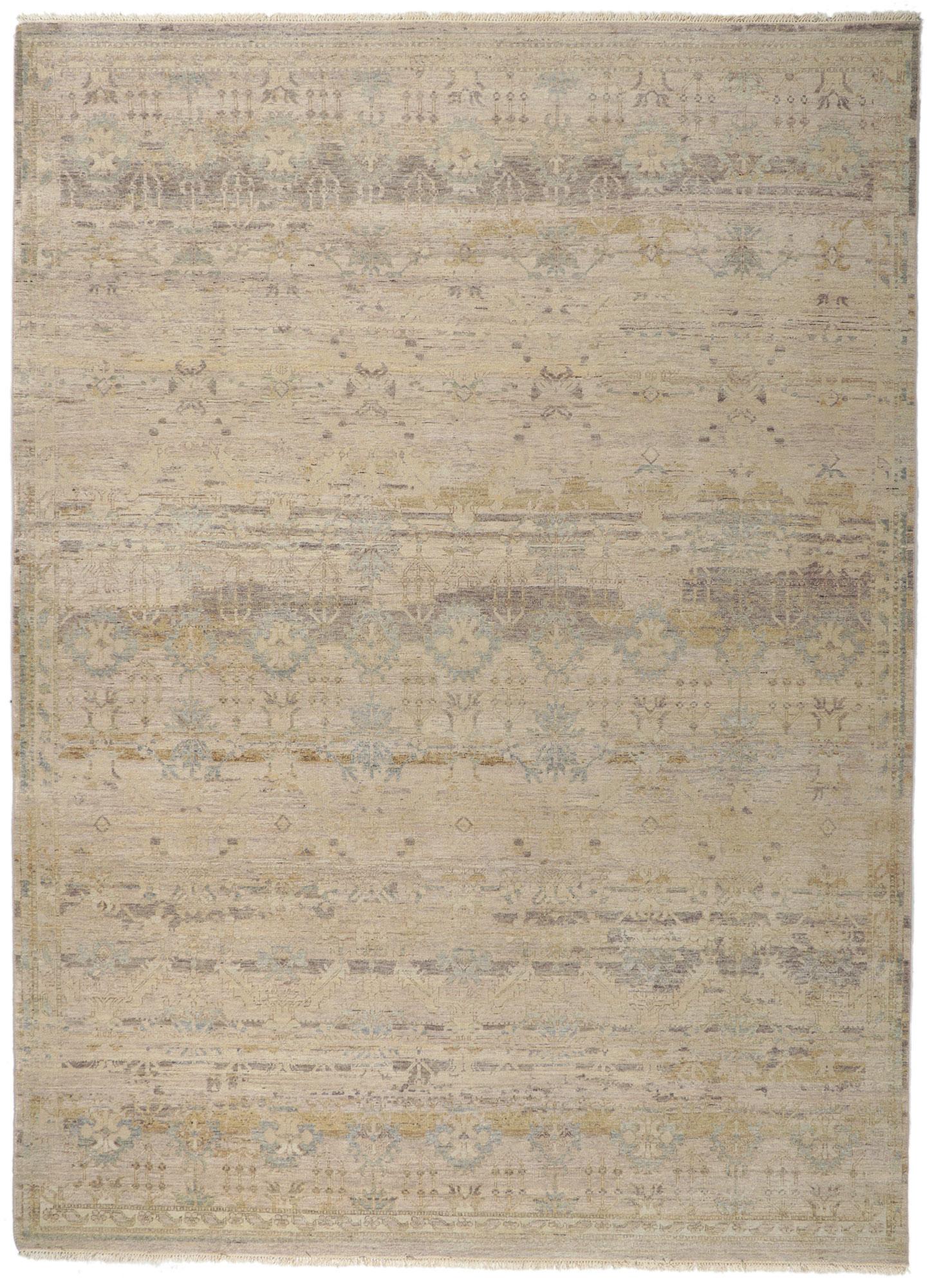 Wool New Vintage-Style Distressed Rug with Neutral Earth-Tone Colors For Sale