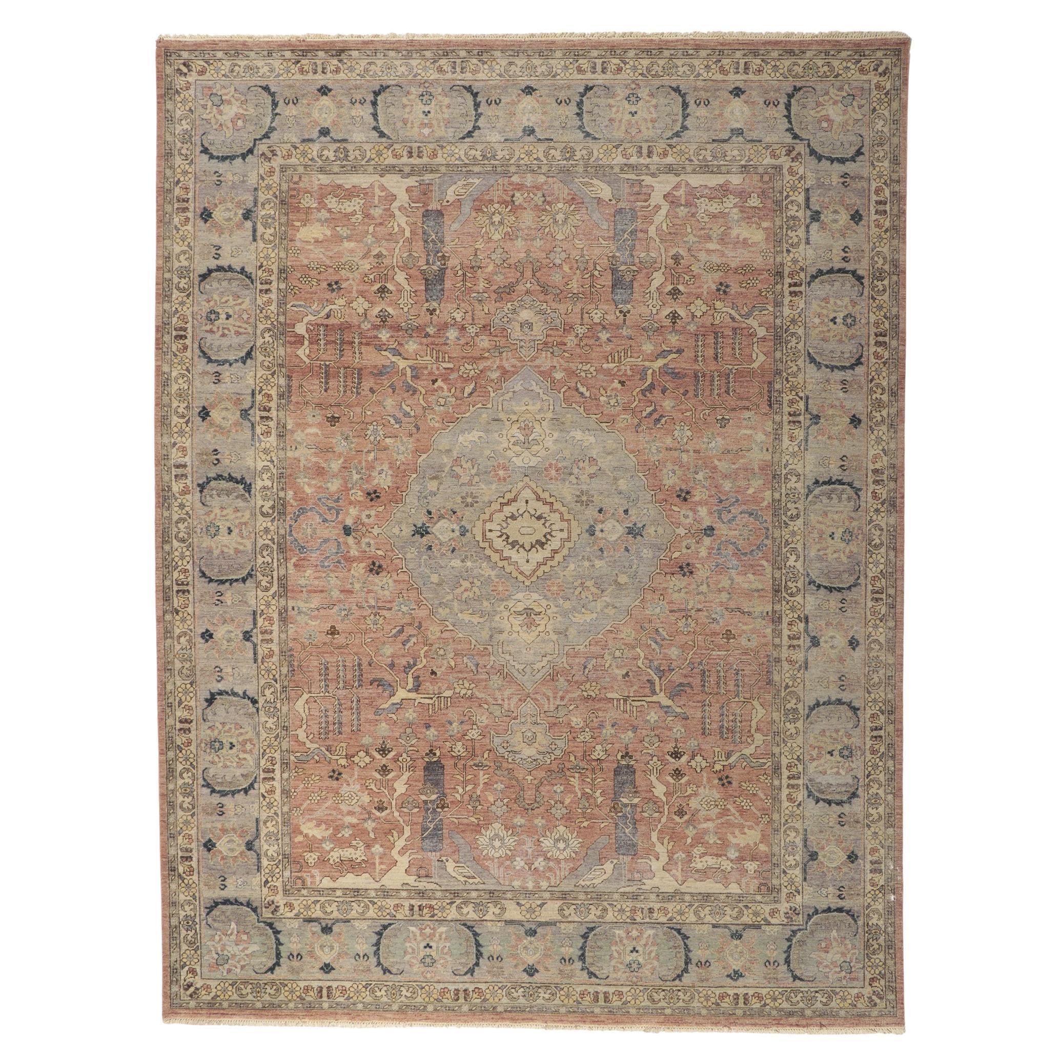 New Vintage-Style Distressed Rug with Soft Earth-Tone Colors