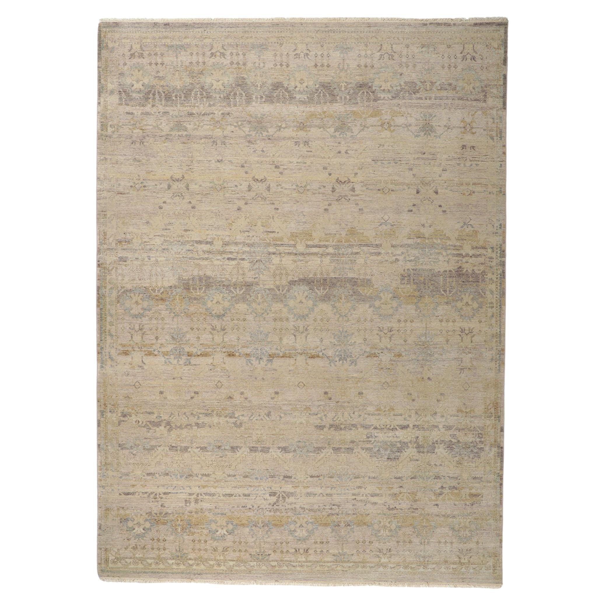 New Vintage-Style Distressed Rug with Neutral Earth-Tone Colors