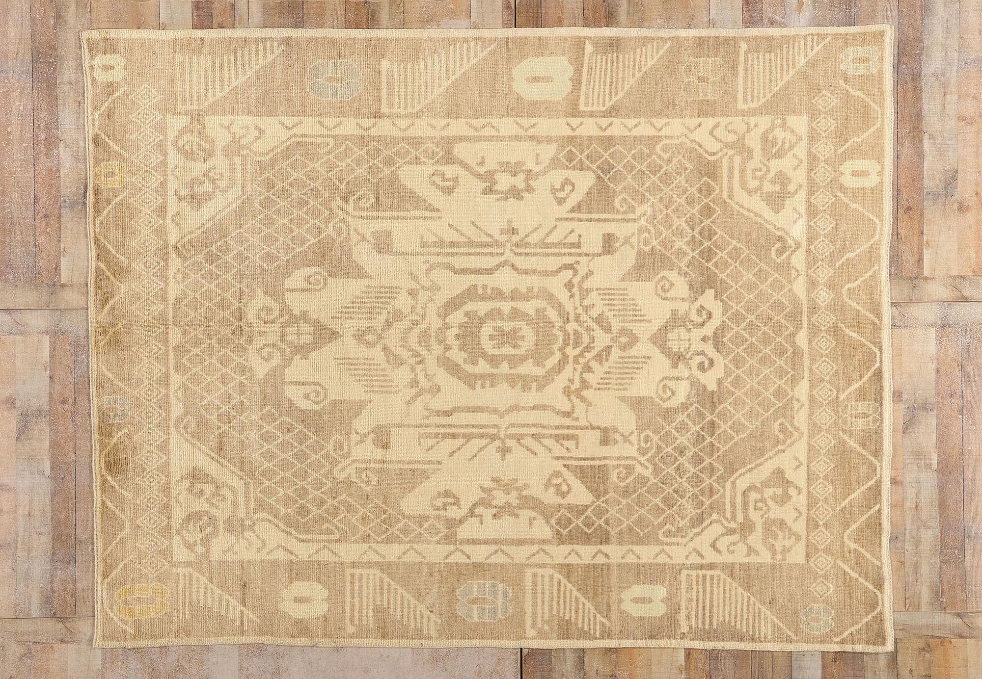 54002 Modern Earth-Tone Turkish Kars Rug, 08'01 x 10'04. In this mesmerizing, hand-knotted wool modern Turkish Kars rug, the boundless creativity of Anatolian craftsmanship is elevated to a work of poetic minimalism, where every symbol, line, and