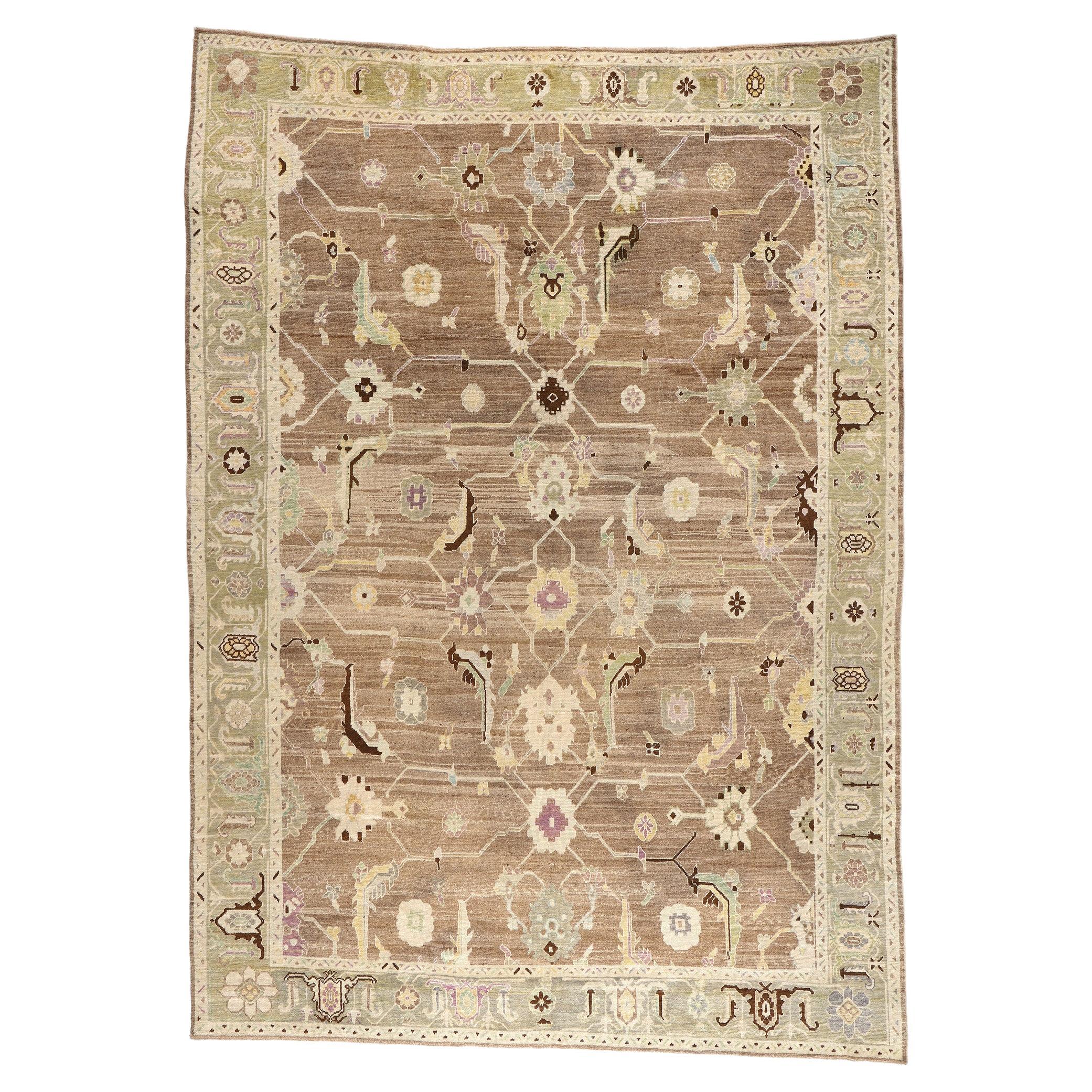 New Modern Earth-Tone Turkish Oushak Carpet with Contemporary Style