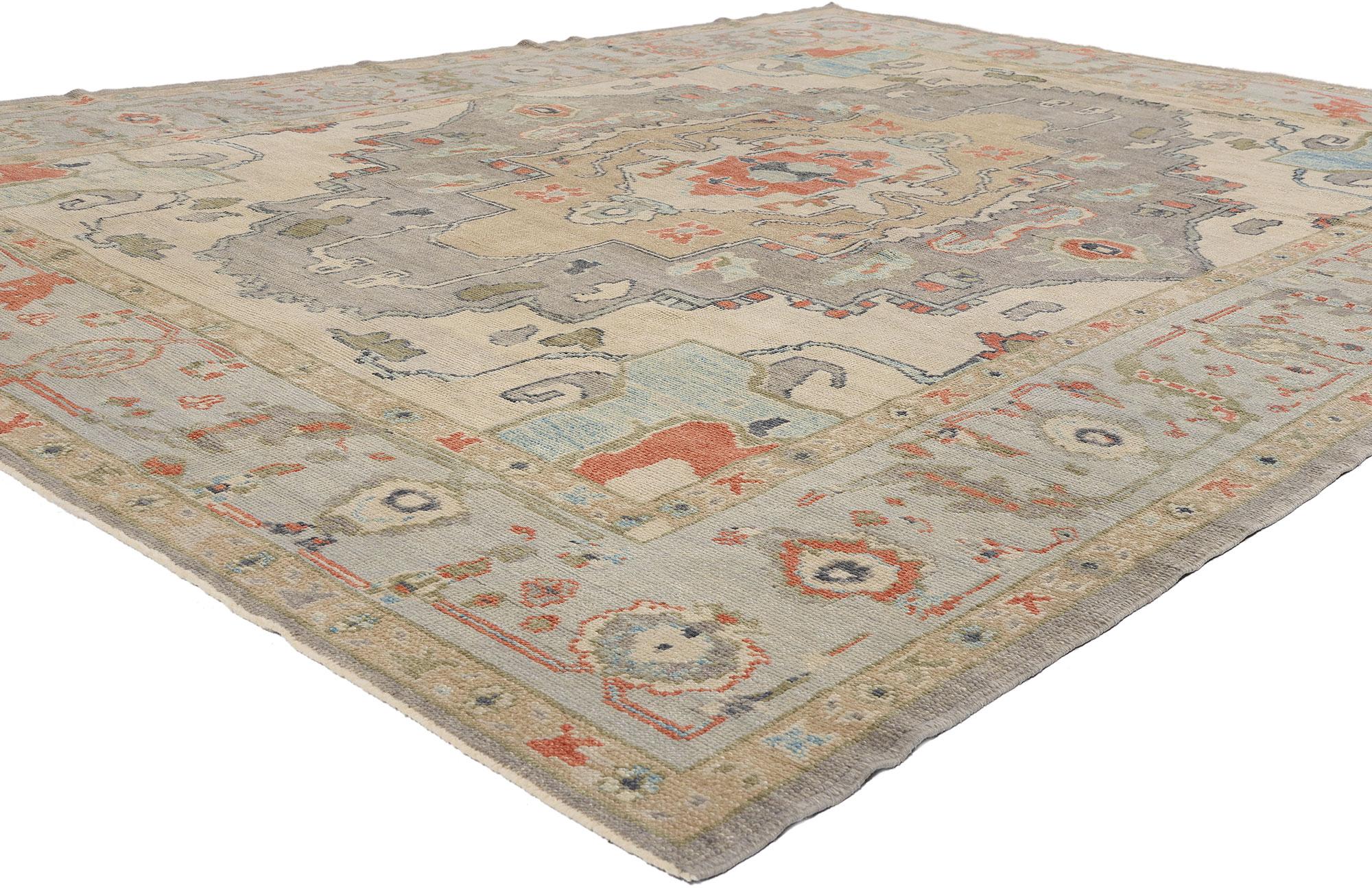 52873 New Modern Earth-Tone Turkish Oushak Rug, 09'04 x 12'06. Steeped in symbolism and rendered with reverent artisanship, this hand-knotted wool modern Turkish Oushak rug offers a rarefied glimpse into the soul of Anatolian heritage reimagined for