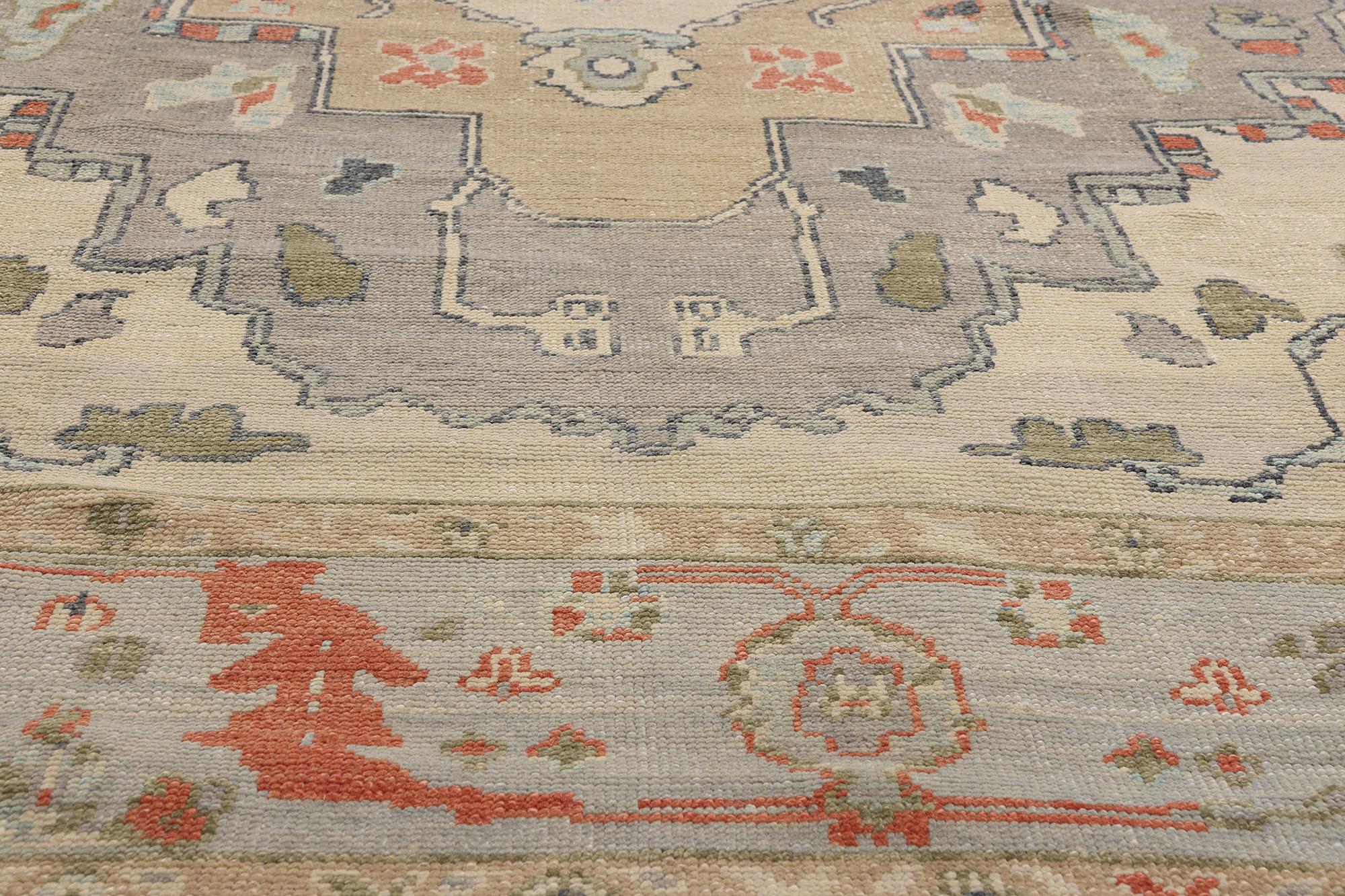 Wool New Modern Earth-Tone Turkish Oushak Rug with Transitional Style For Sale