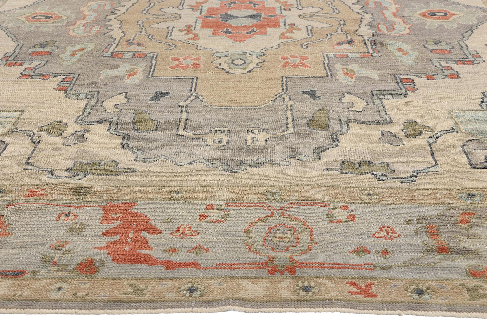 New Modern Earth-Tone Turkish Oushak Rug with Transitional Style For Sale 1