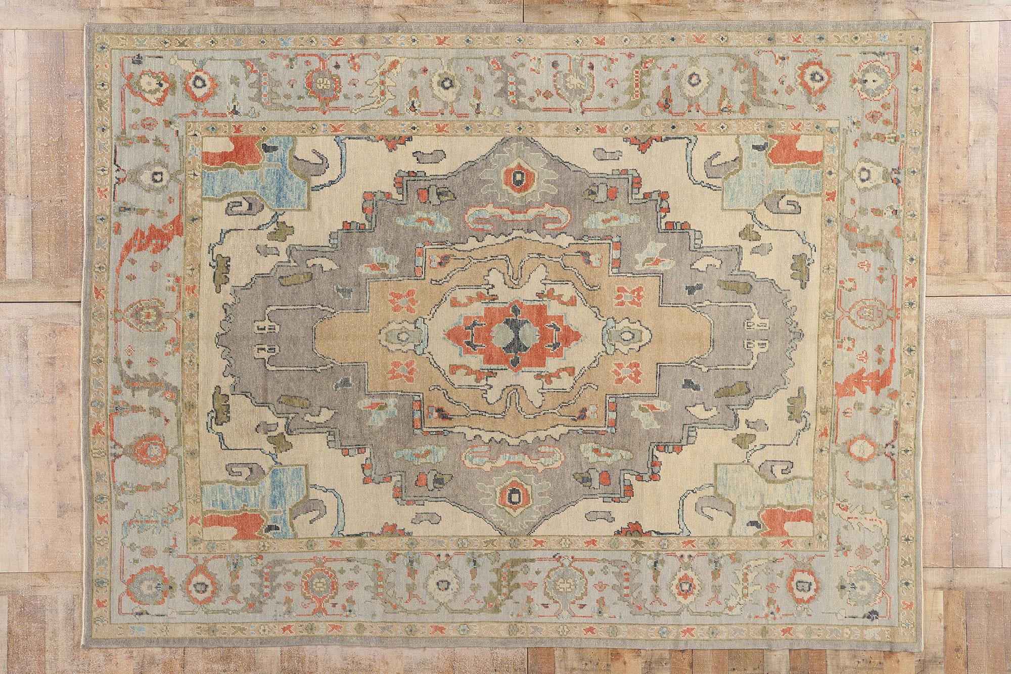 New Modern Earth-Tone Turkish Oushak Rug with Transitional Style For Sale 2