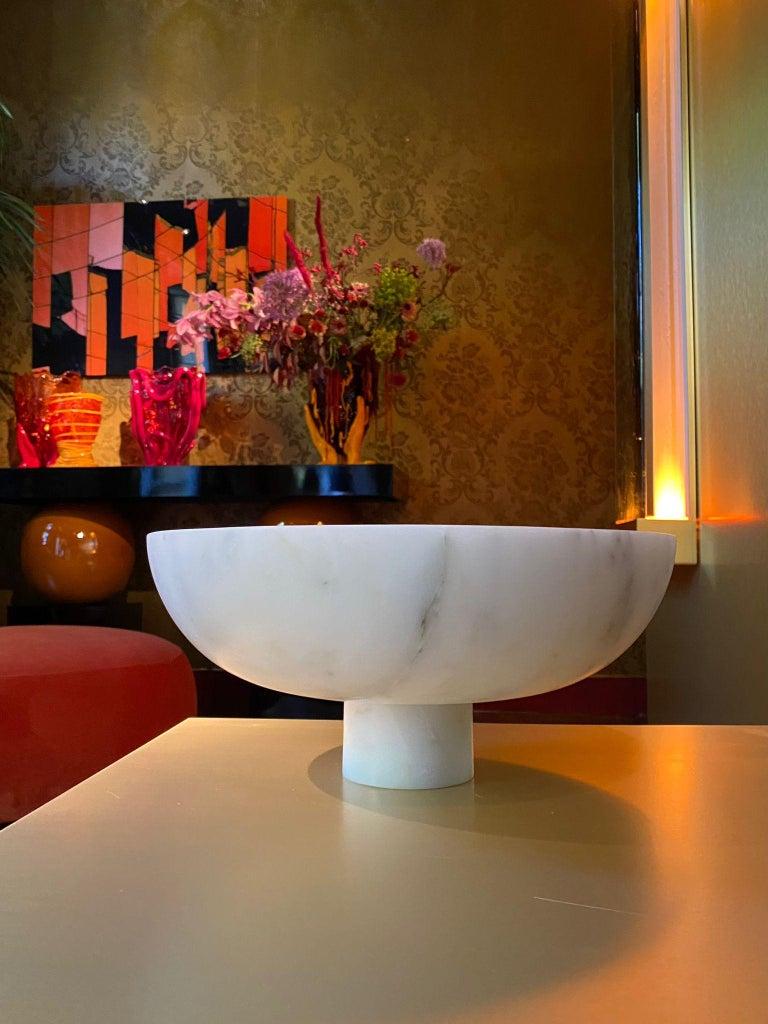 Italian New Modern Fruit Bowl in White Marble, Creator Karen Chekerdjian For Sale