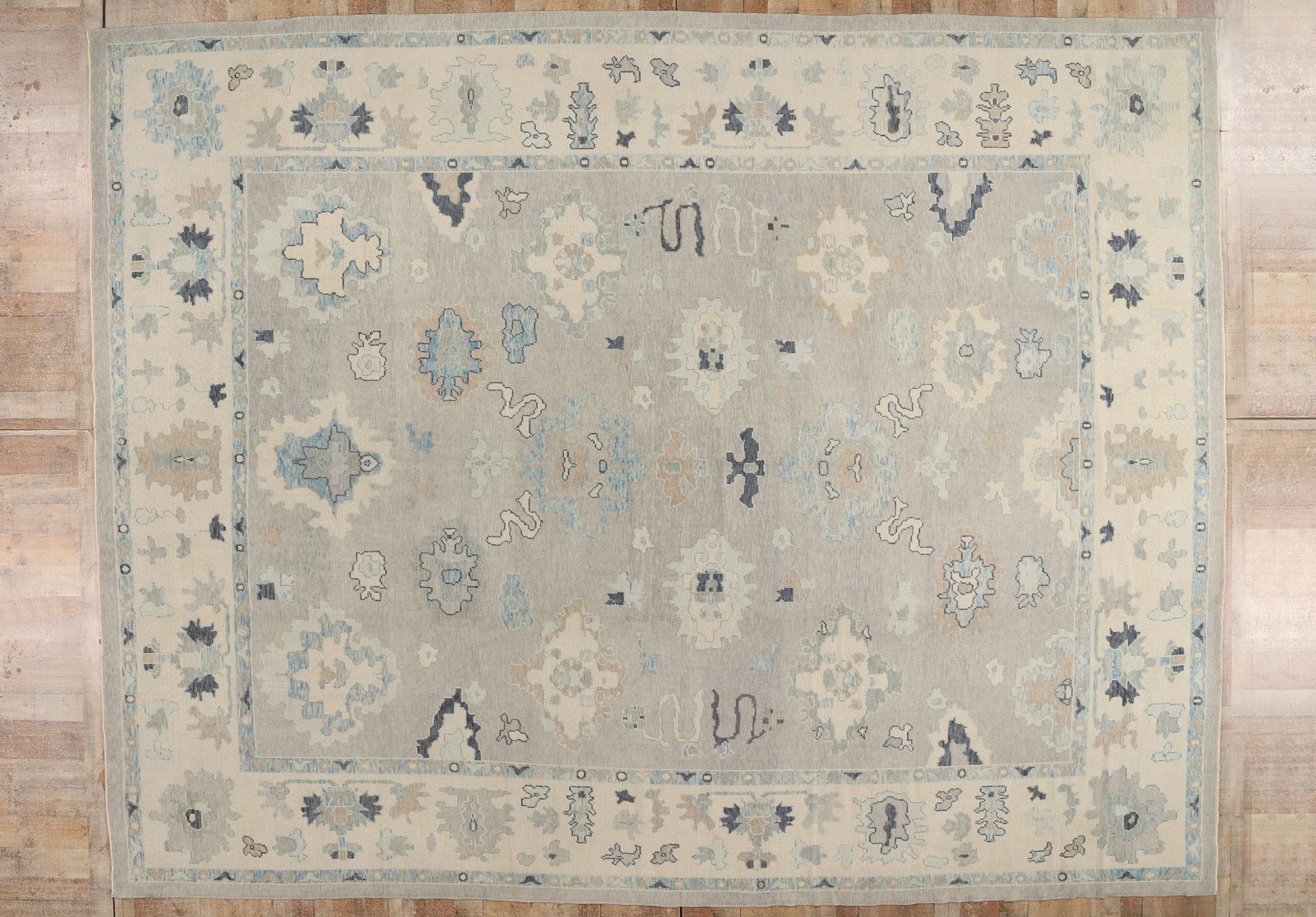 54014 New Modern Gray Turkish Oushak Rug, 12'04 x 15'09. With its quiet elegance and subtle grandeur, this hand knotted wool exquisite Turkish Oushak rug embodies the timeless allure of Anatolian craftsmanship interpreted through a contemporary,