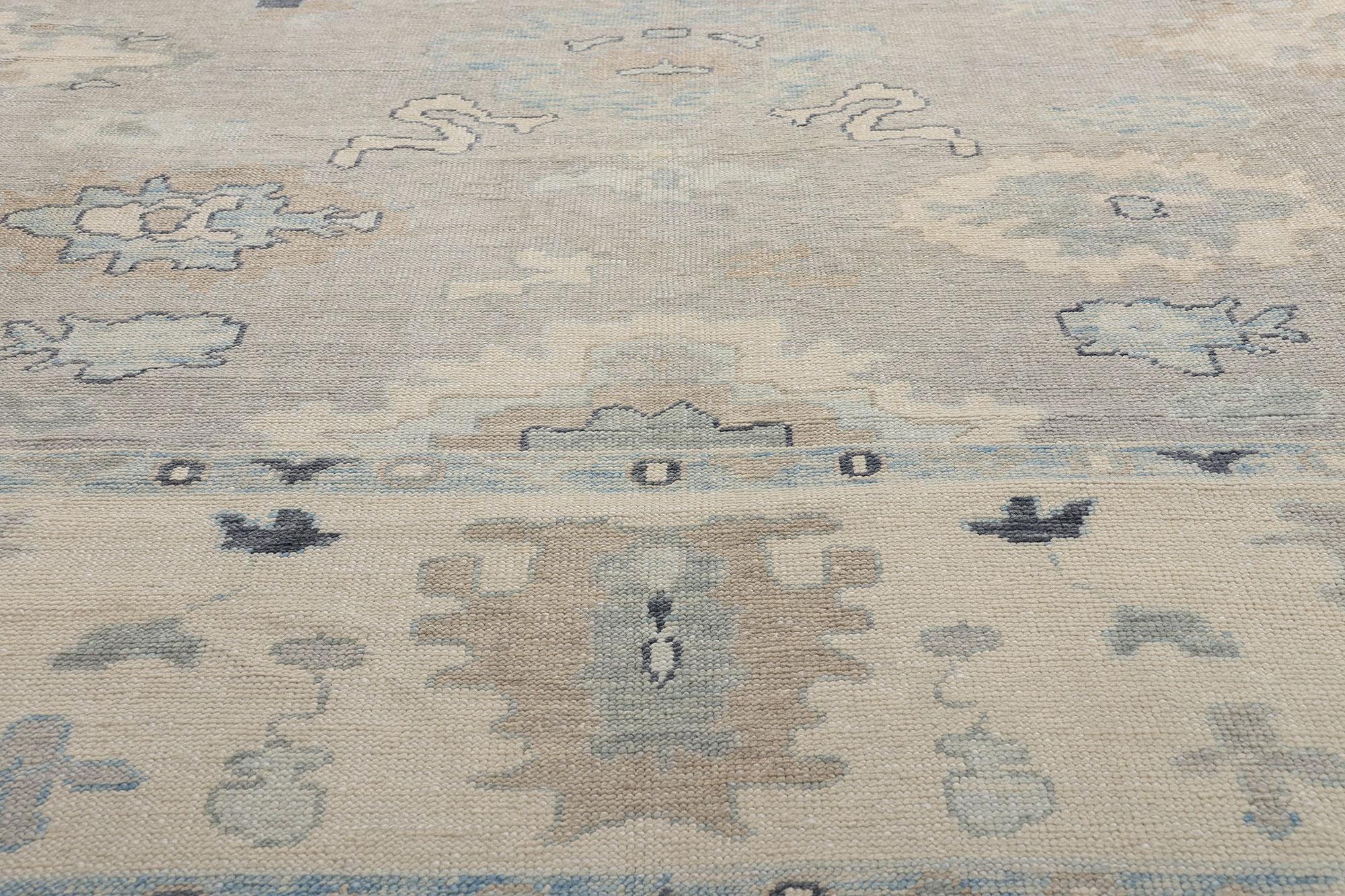 Wool New Modern Gray Turkish Oushak Carpet with Contemporary Style For Sale