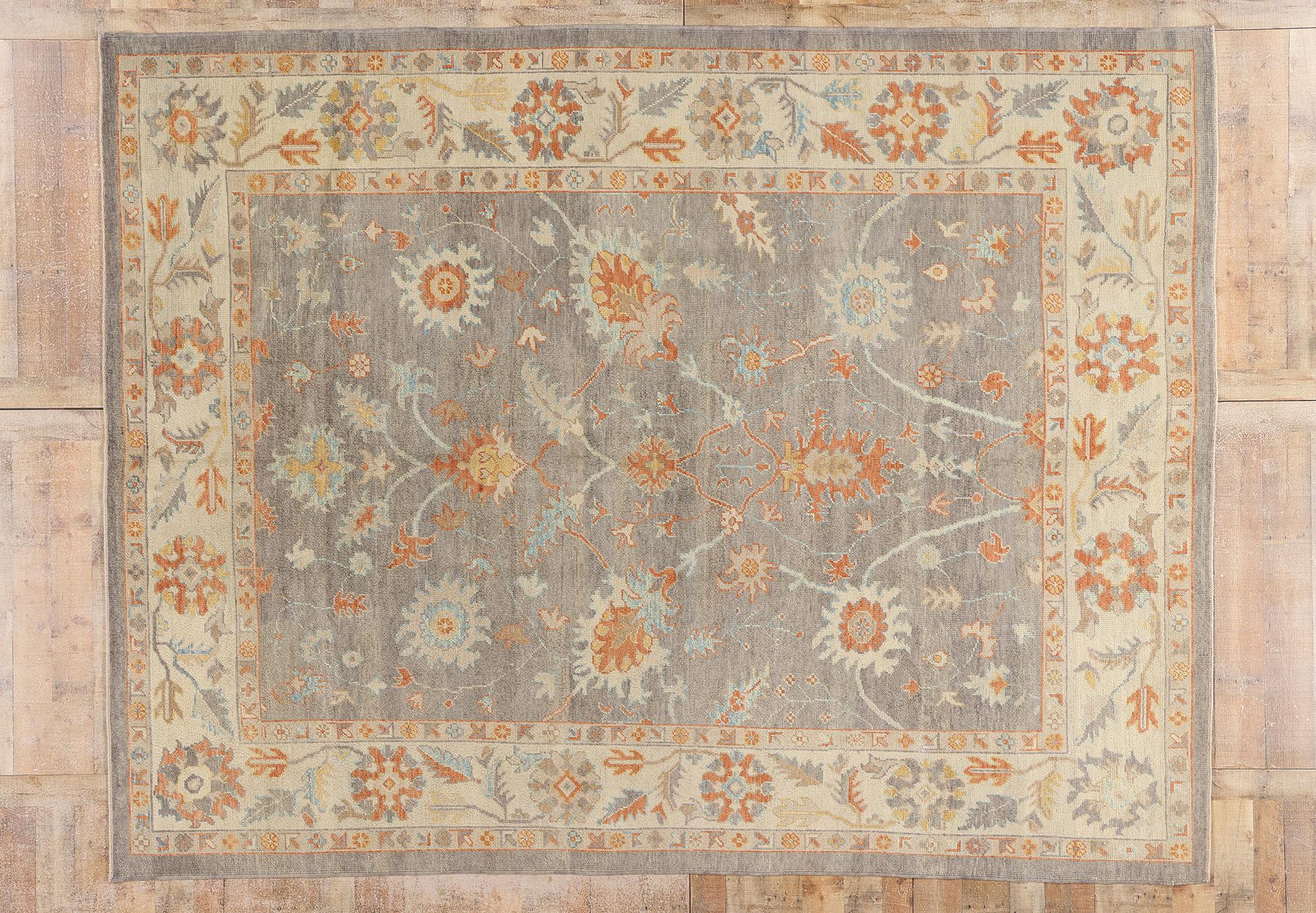 Hand-Knotted New Modern Gray Turkish Oushak Carpet with Transitional Style For Sale
